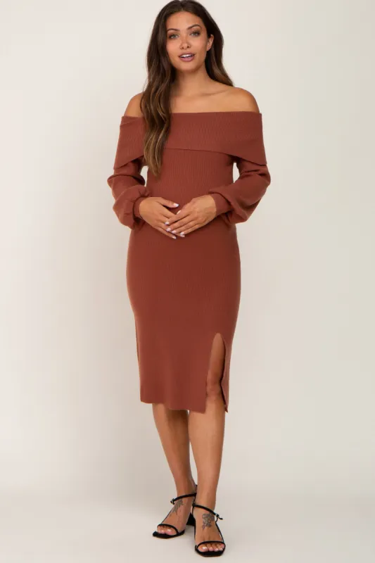Rust Off Shoulder Maternity Sweater Dress sold by Pinkblush