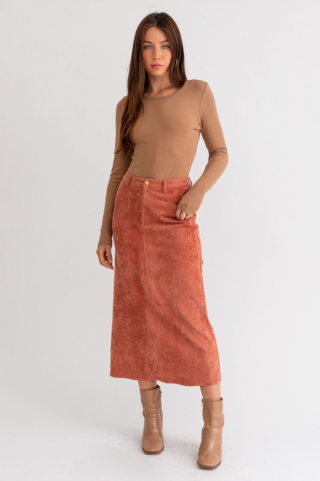 Rust Cord Maxi Skirt sold by Pinkblush