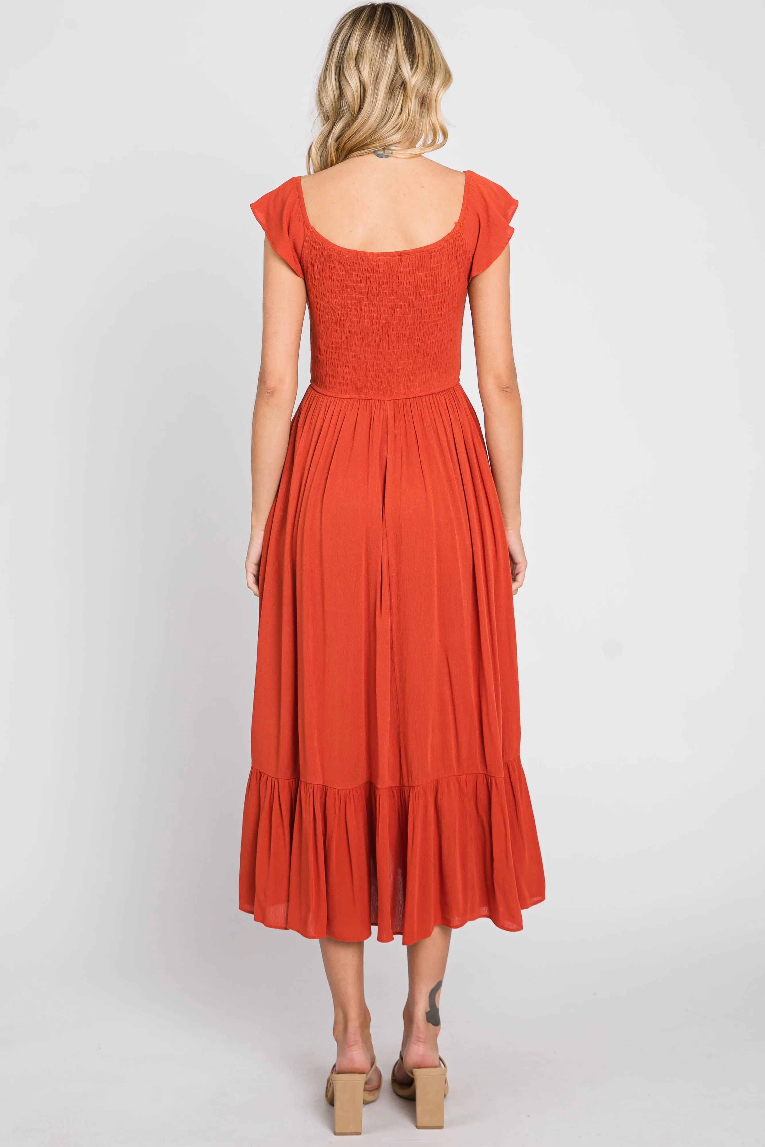 Rust Smocked Ruched Ruffle Hem Maxi Dress sold by Pinkblush product image thumbnail 3