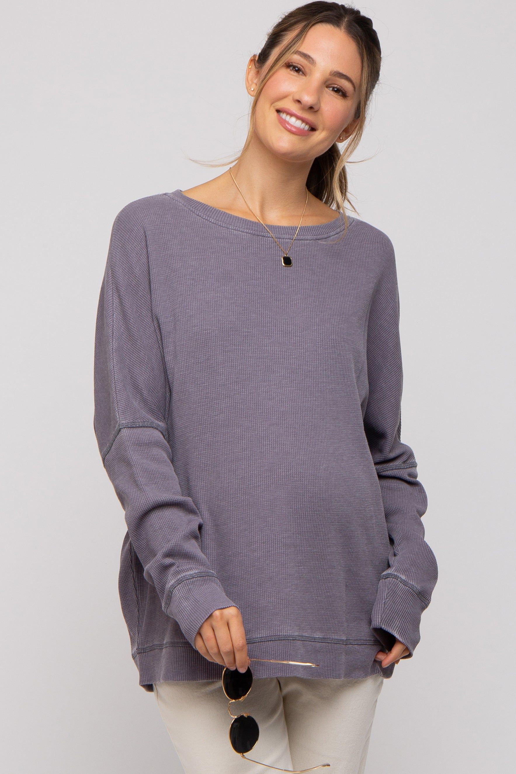 Grey Waffle Knit Long Sleeve Maternity Top sold by Pinkblush product image thumbnail 2
