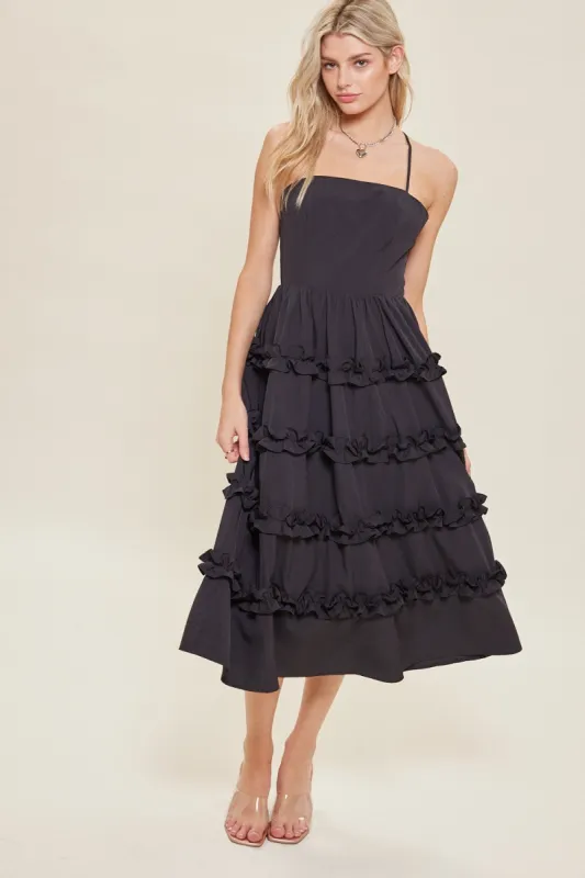 Black Ruffled Midi Dress With Criss Cross Back sold by Pinkblush