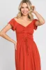 Rust Smocked Ruched Ruffle Hem Maxi Dress sold by Pinkblush