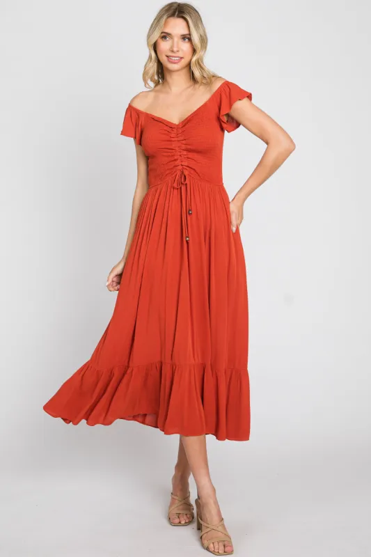Rust Smocked Ruched Ruffle Hem Maxi Dress sold by Pinkblush