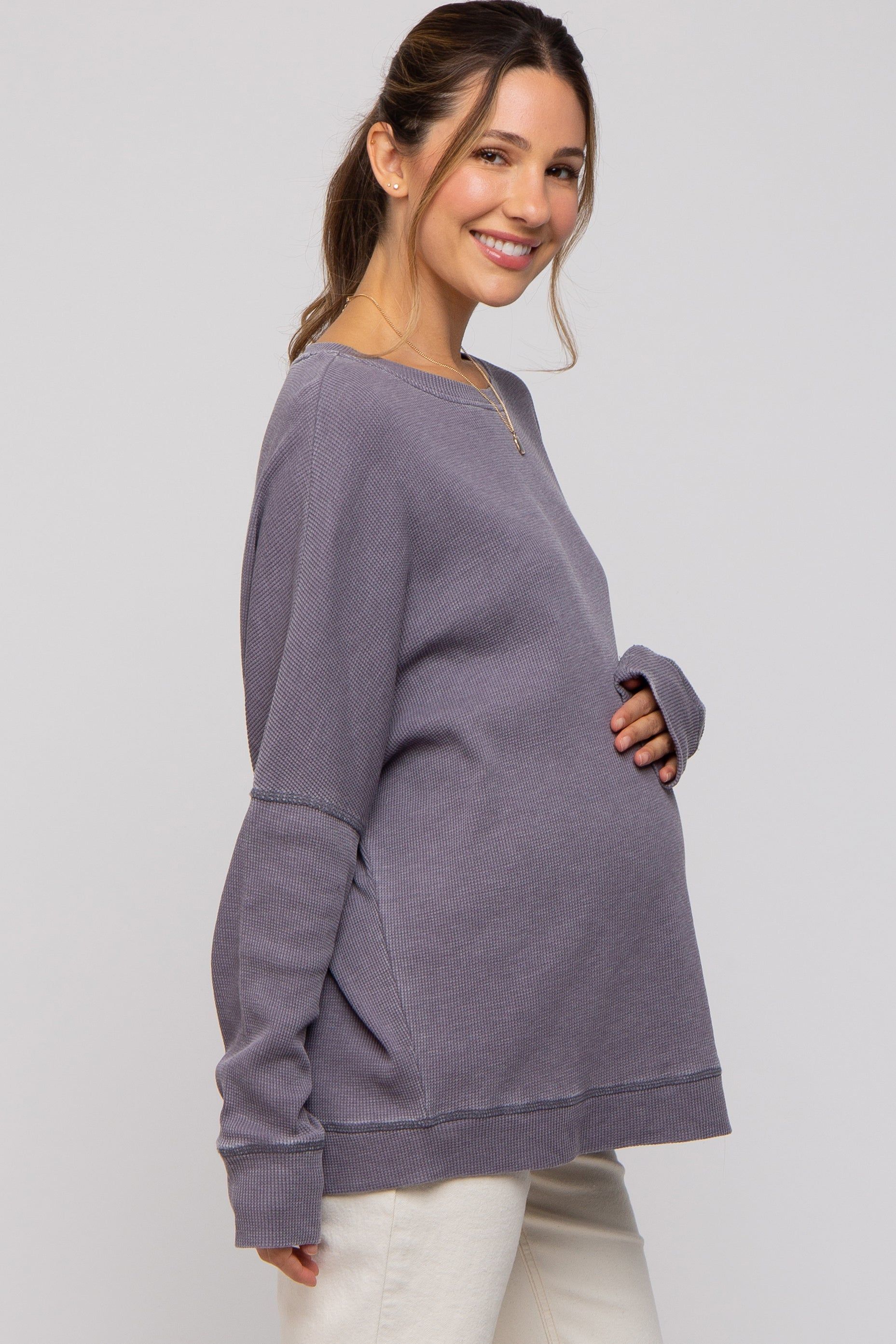 Grey Waffle Knit Long Sleeve Maternity Top sold by Pinkblush product image thumbnail 3