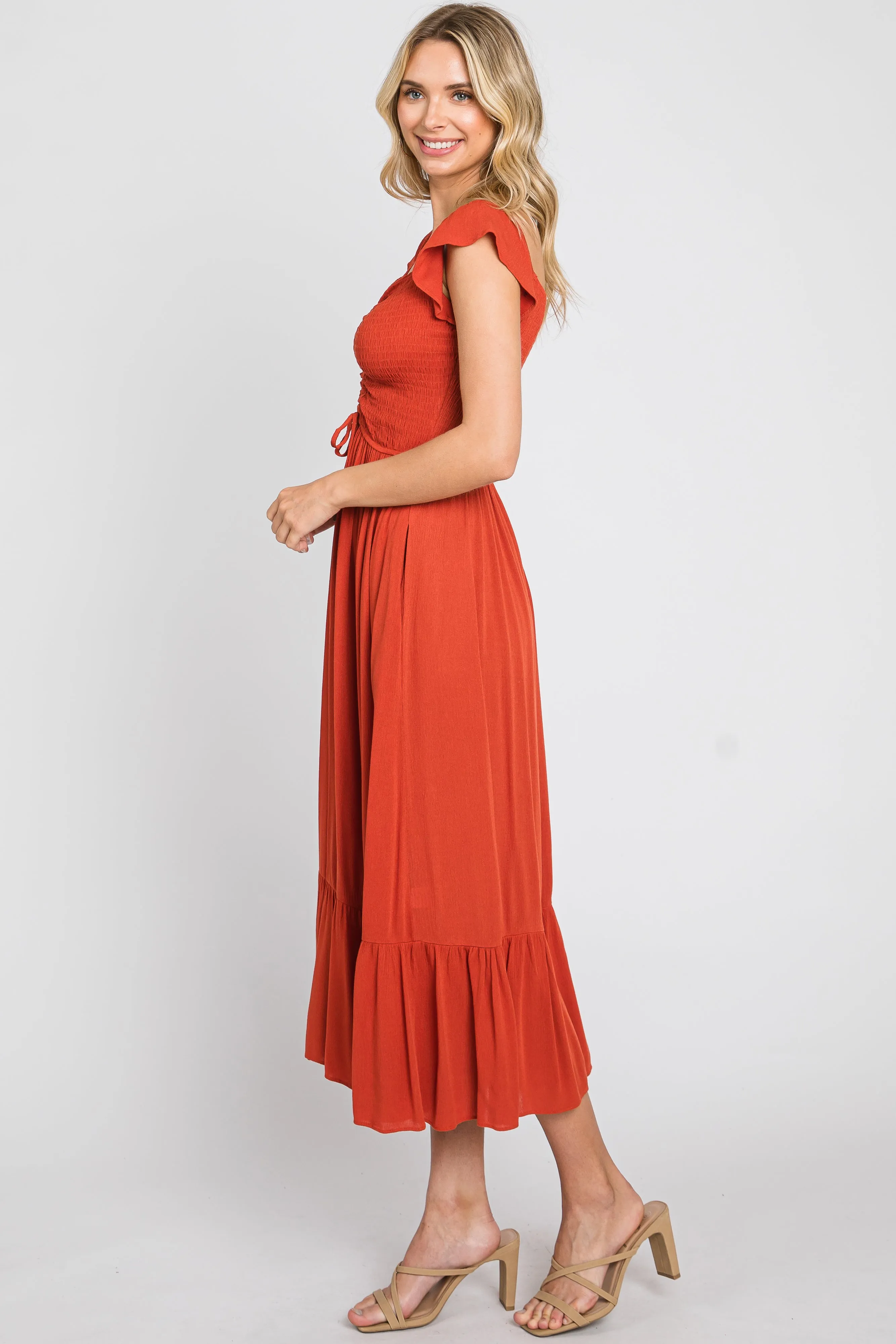 Rust Smocked Ruched Ruffle Hem Maxi Dress sold by Pinkblush product image thumbnail 2