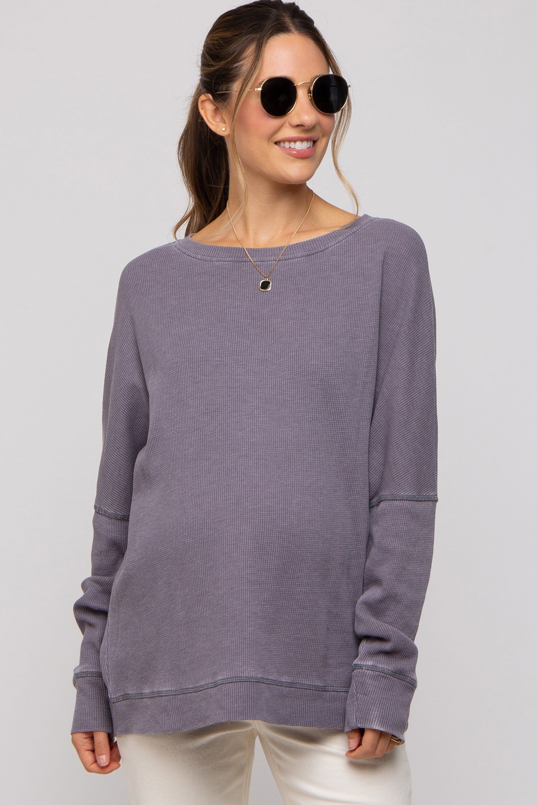 Grey Waffle Knit Long Sleeve Maternity Top sold by Pinkblush
