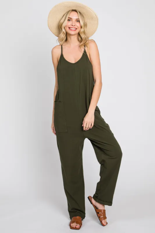 Green Front Pocket Jumpsuit sold by Pinkblush