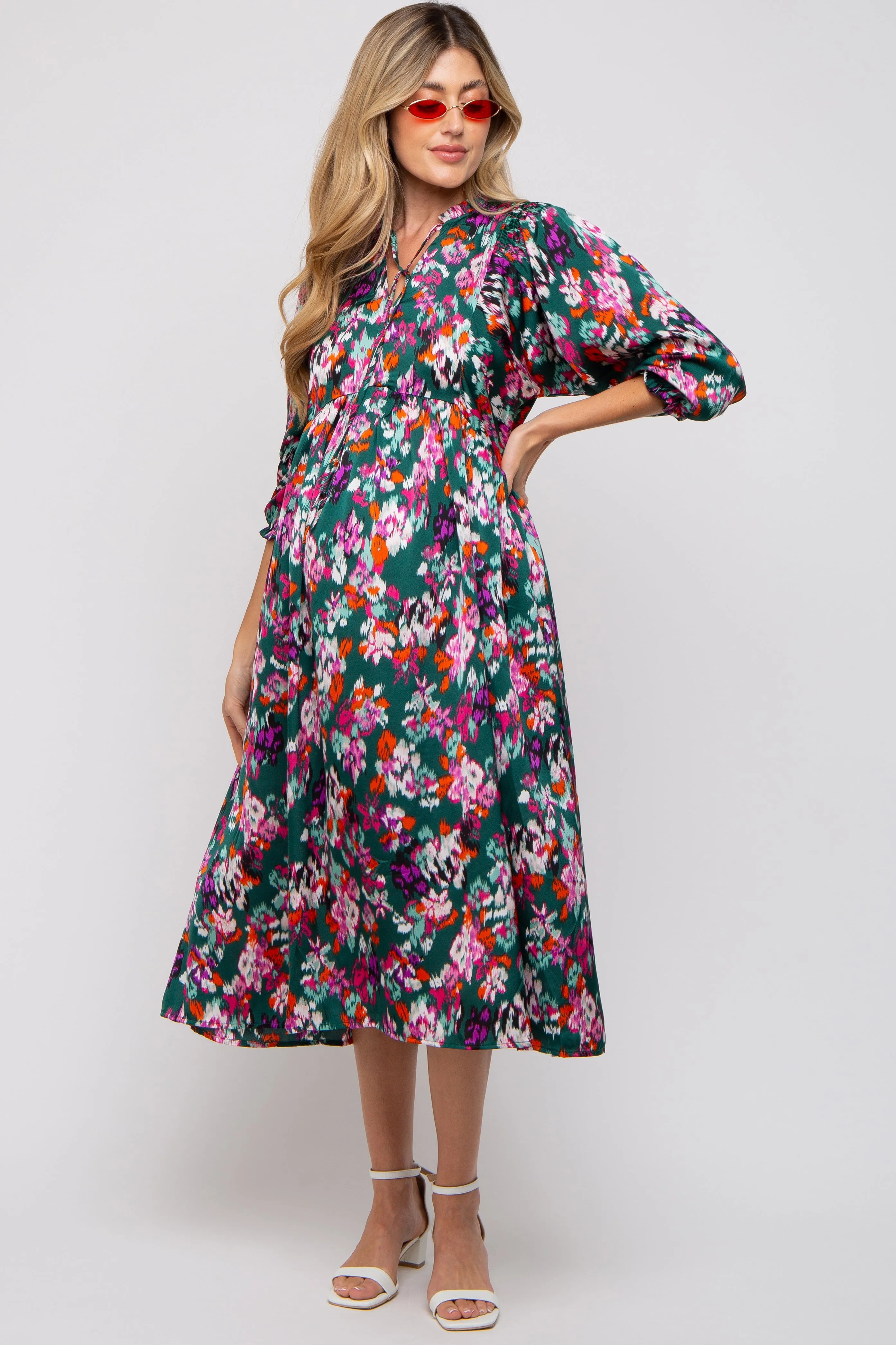 Forest Green Floral Satin Ruffle Neck Maternity Midi Dress sold by Pinkblush product image thumbnail 4