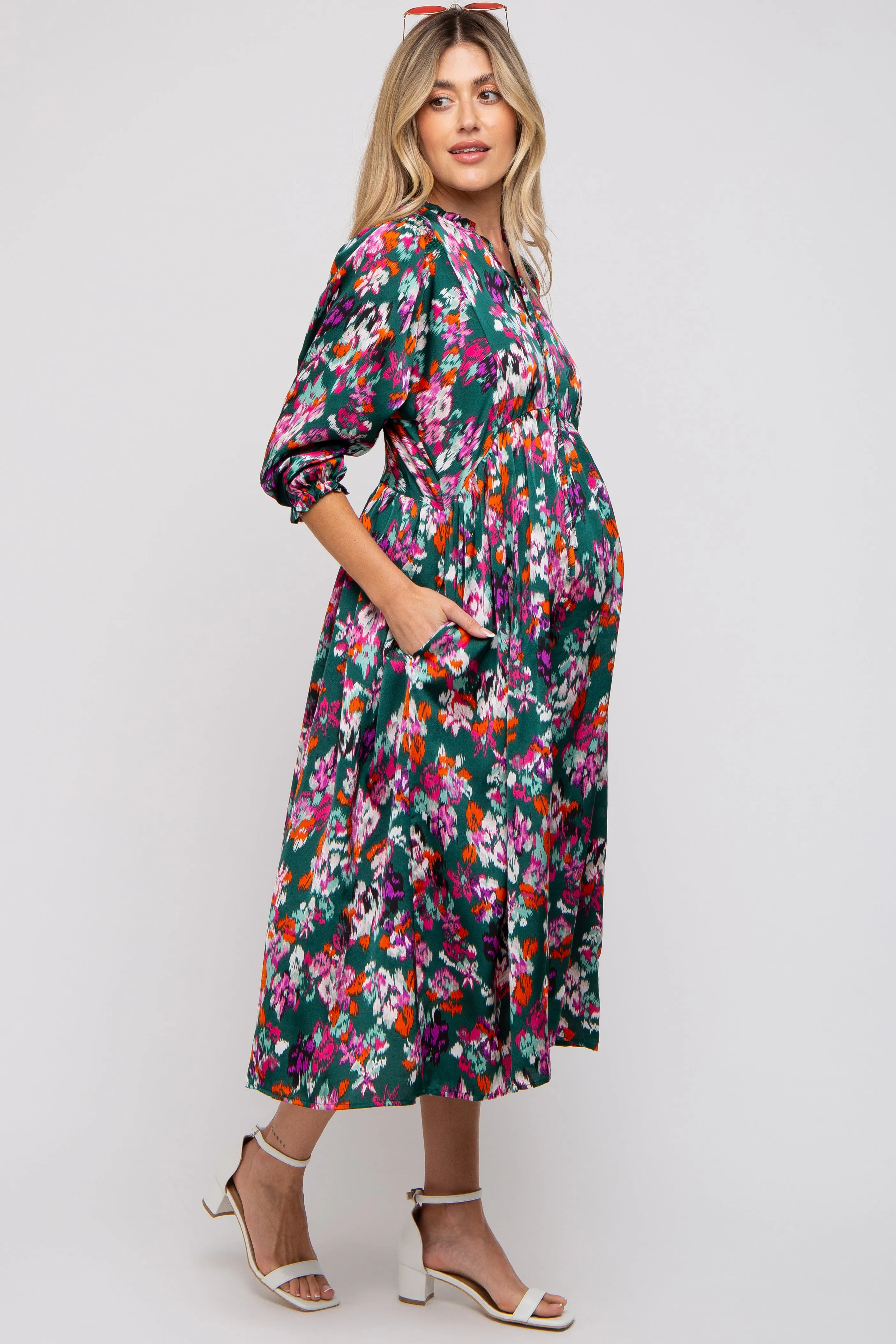 Forest Green Floral Satin Ruffle Neck Maternity Midi Dress sold by Pinkblush product image thumbnail 2