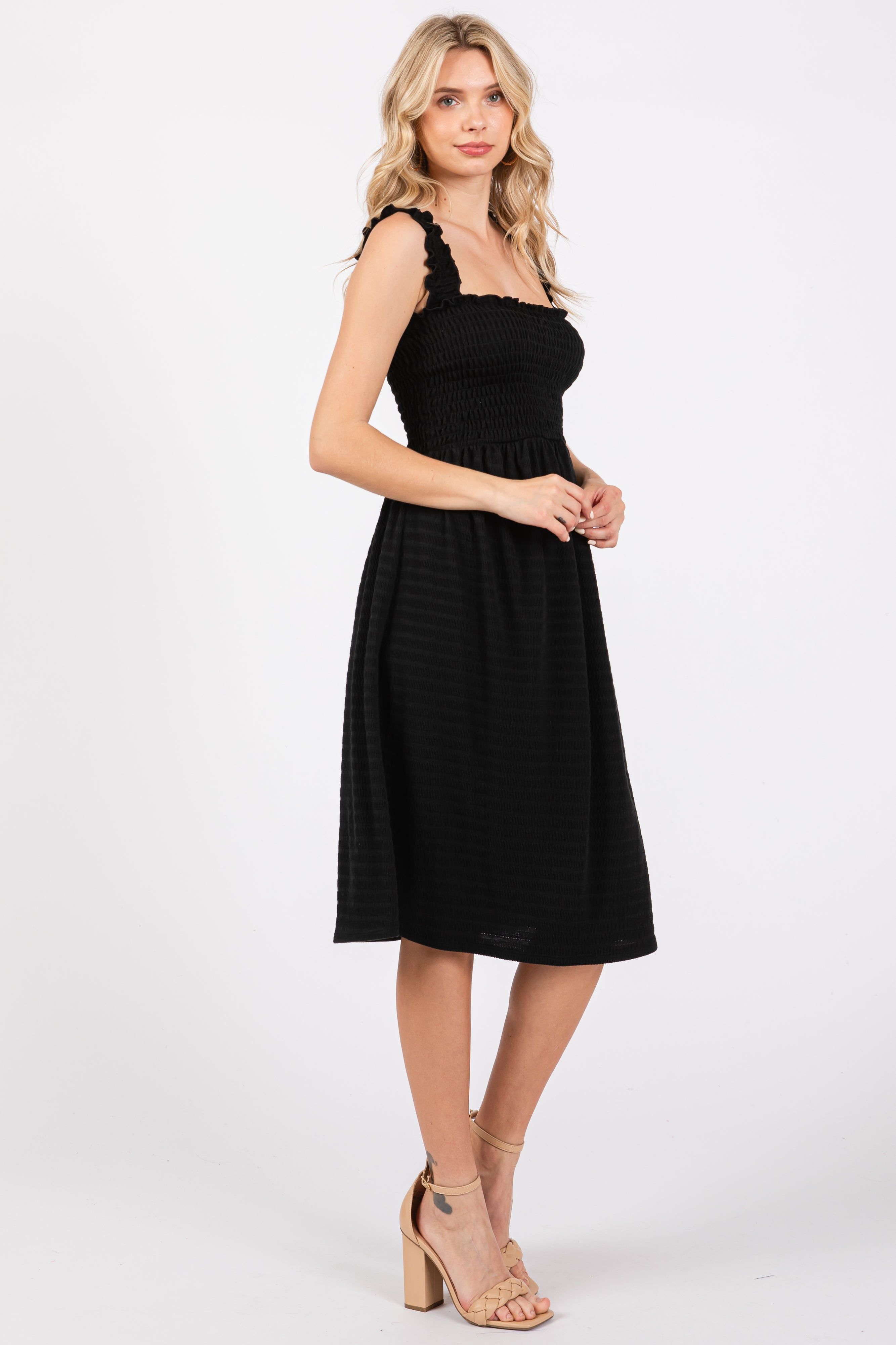 Black Sleeveless Smocked Textured Midi Dress sold by Pinkblush product image thumbnail 2