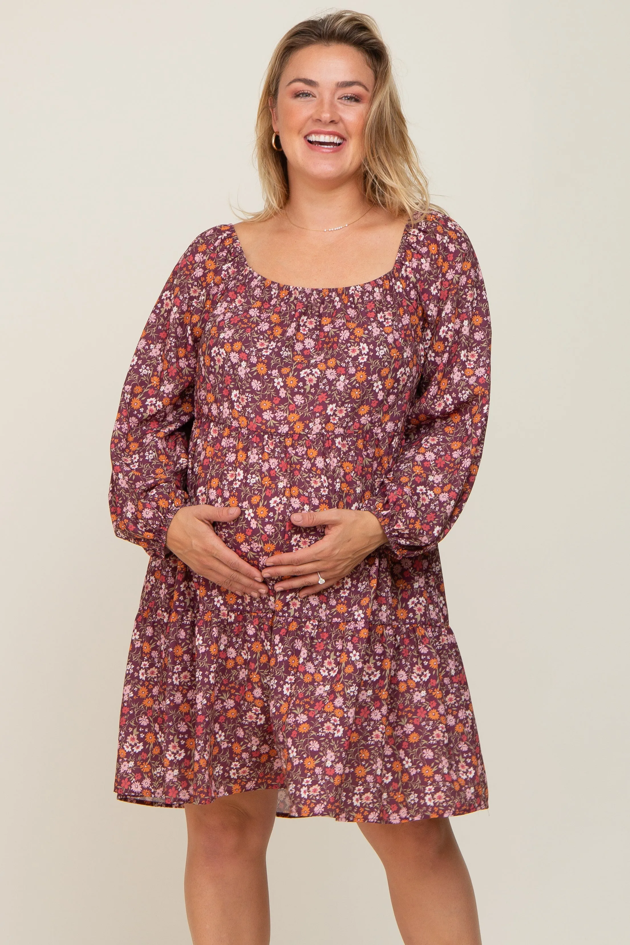 Burgundy Floral Long Sleeve Plus Maternity Dress sold by Pinkblush