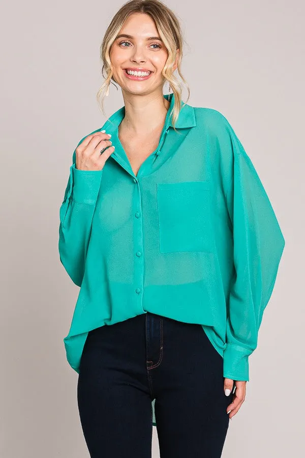 Teal Sheer Button Down Maternity Blouse sold by Pinkblush product image thumbnail 3