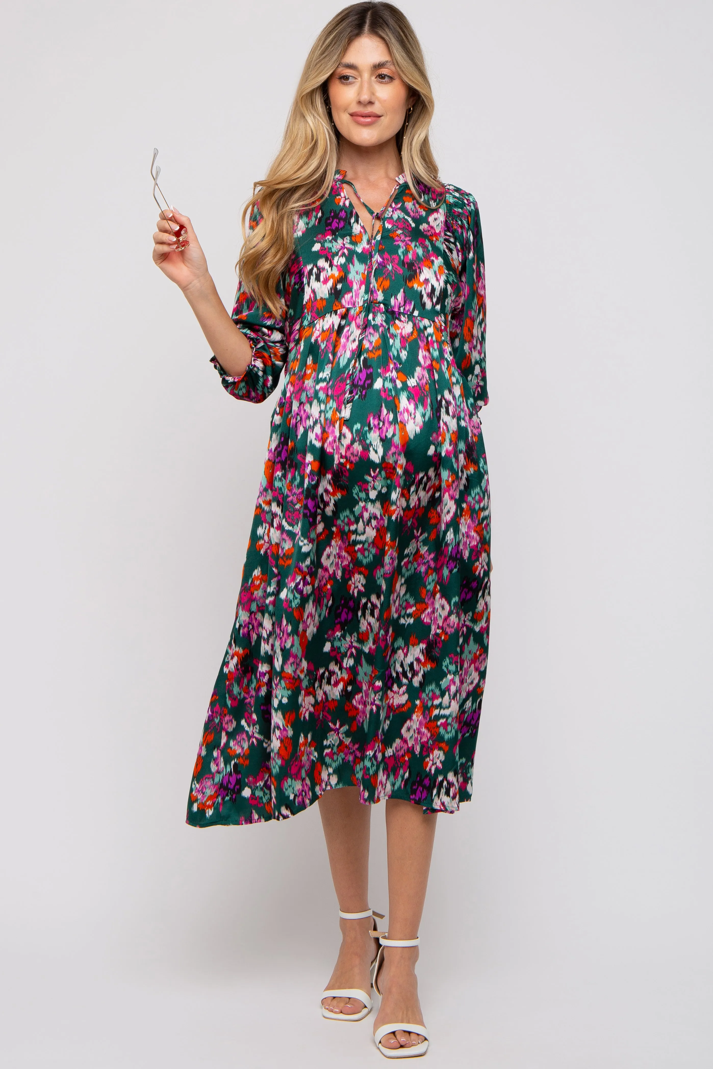Forest Green Floral Satin Ruffle Neck Maternity Midi Dress sold by Pinkblush product image thumbnail 5