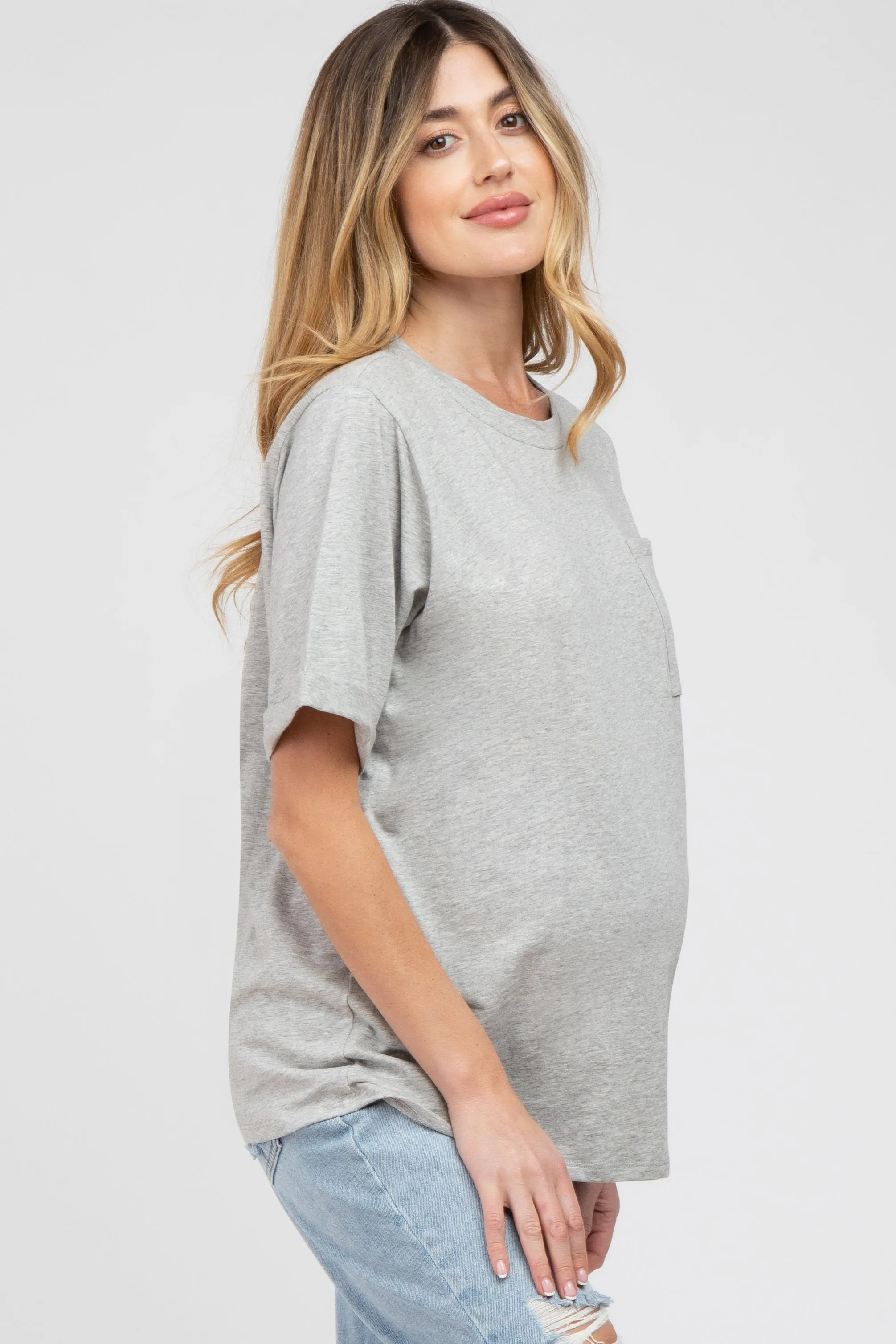 Heather Grey Oversized Pocket Front Short Sleeve Maternity Top sold by Pinkblush product image thumbnail 3