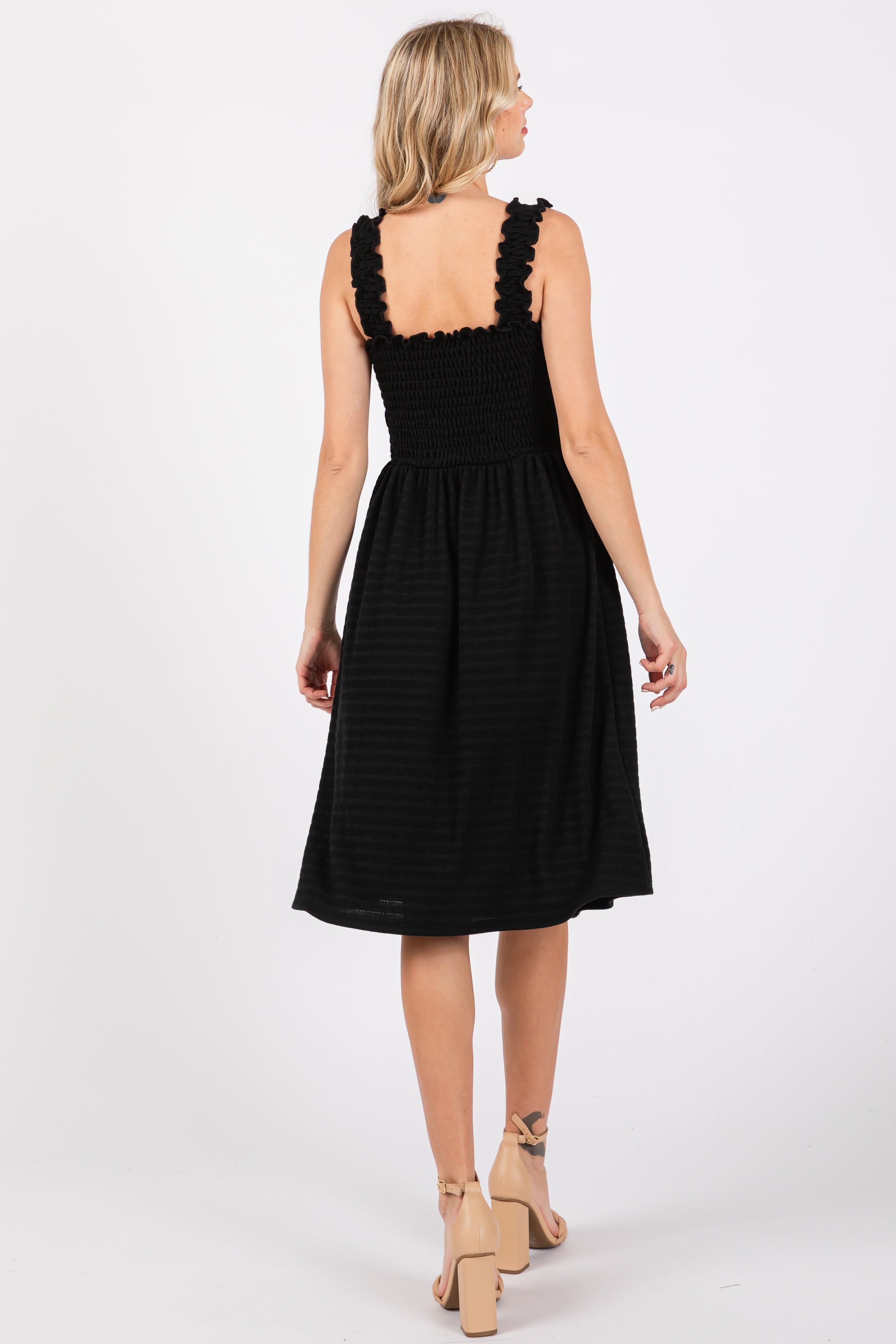 Black Sleeveless Smocked Textured Midi Dress sold by Pinkblush product image thumbnail 3