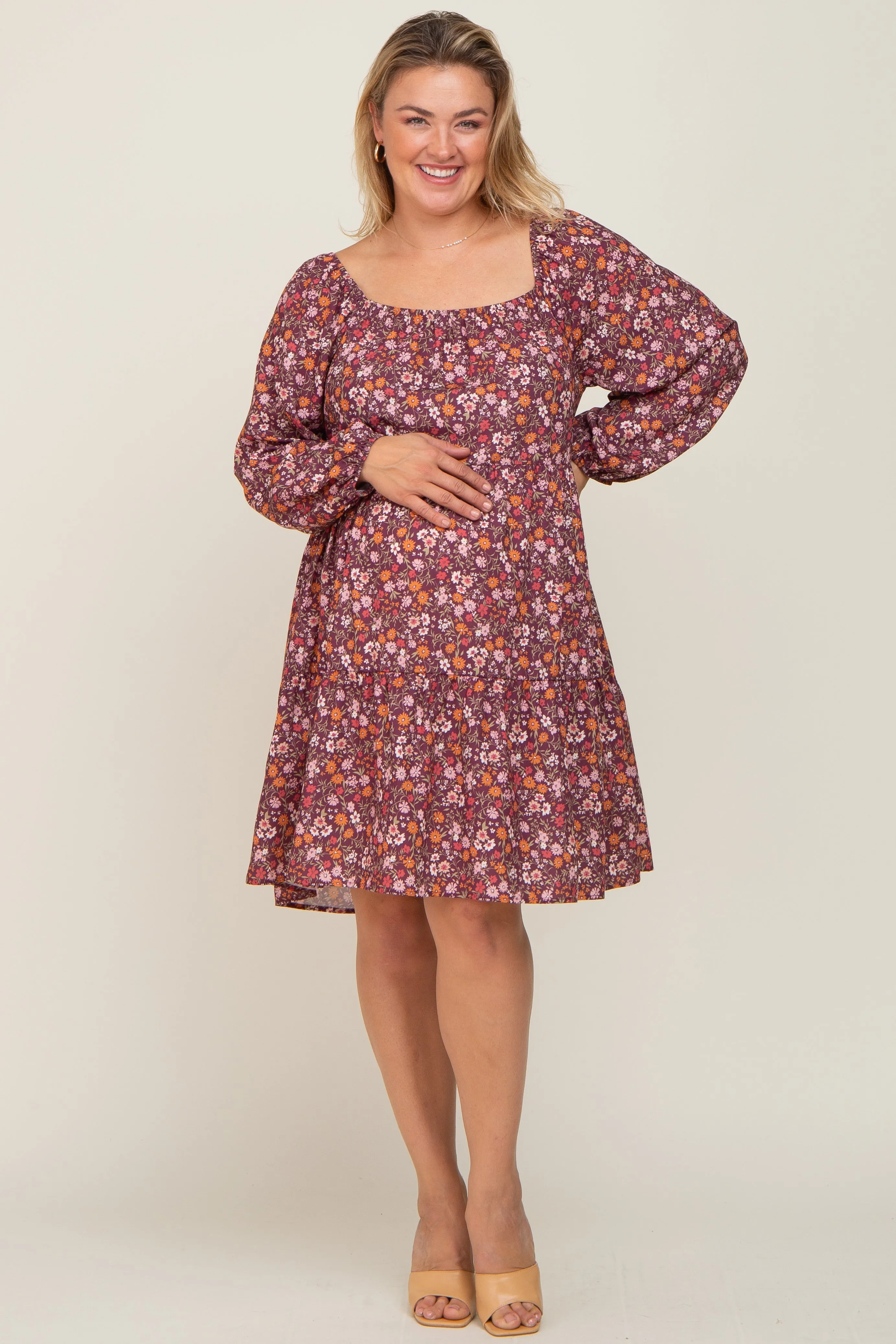 Burgundy Floral Long Sleeve Plus Maternity Dress sold by Pinkblush product image thumbnail 5