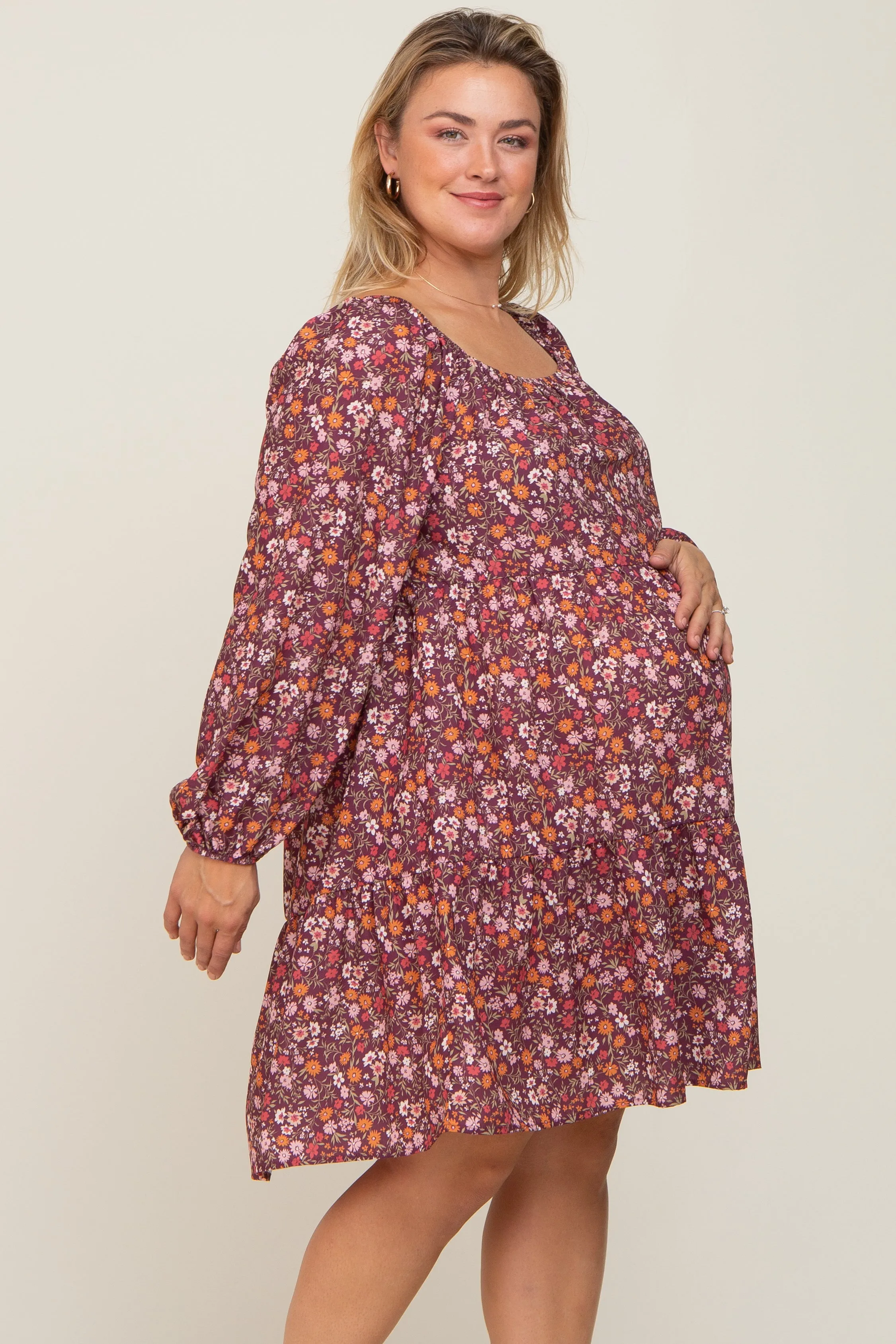 Burgundy Floral Long Sleeve Plus Maternity Dress sold by Pinkblush product image thumbnail 2