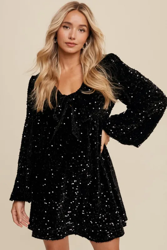 Black Sequin Velour Front Tie Mini Dress sold by Pinkblush