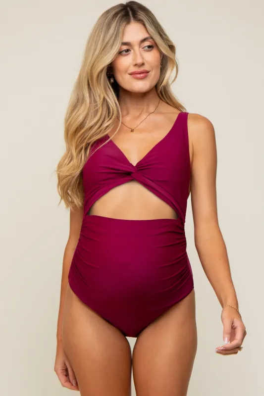 Plum Ruched Sides Front Cutout Maternity One Piece Swimsuit sold by Pinkblush