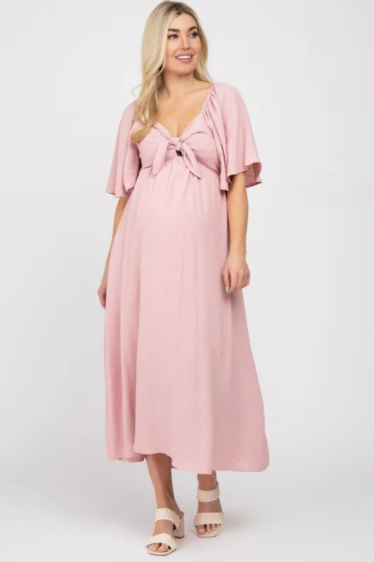 Mauve Textured Dot Front Tie Ruffle Sleeve Maternity Midi Dress sold by Pinkblush