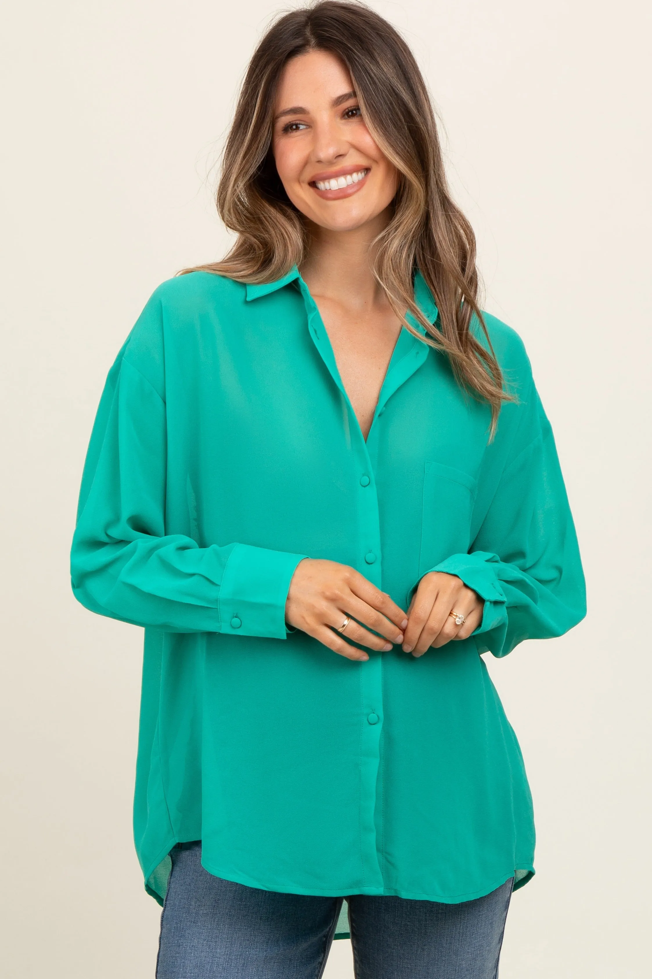 Teal Sheer Button Down Maternity Blouse sold by Pinkblush