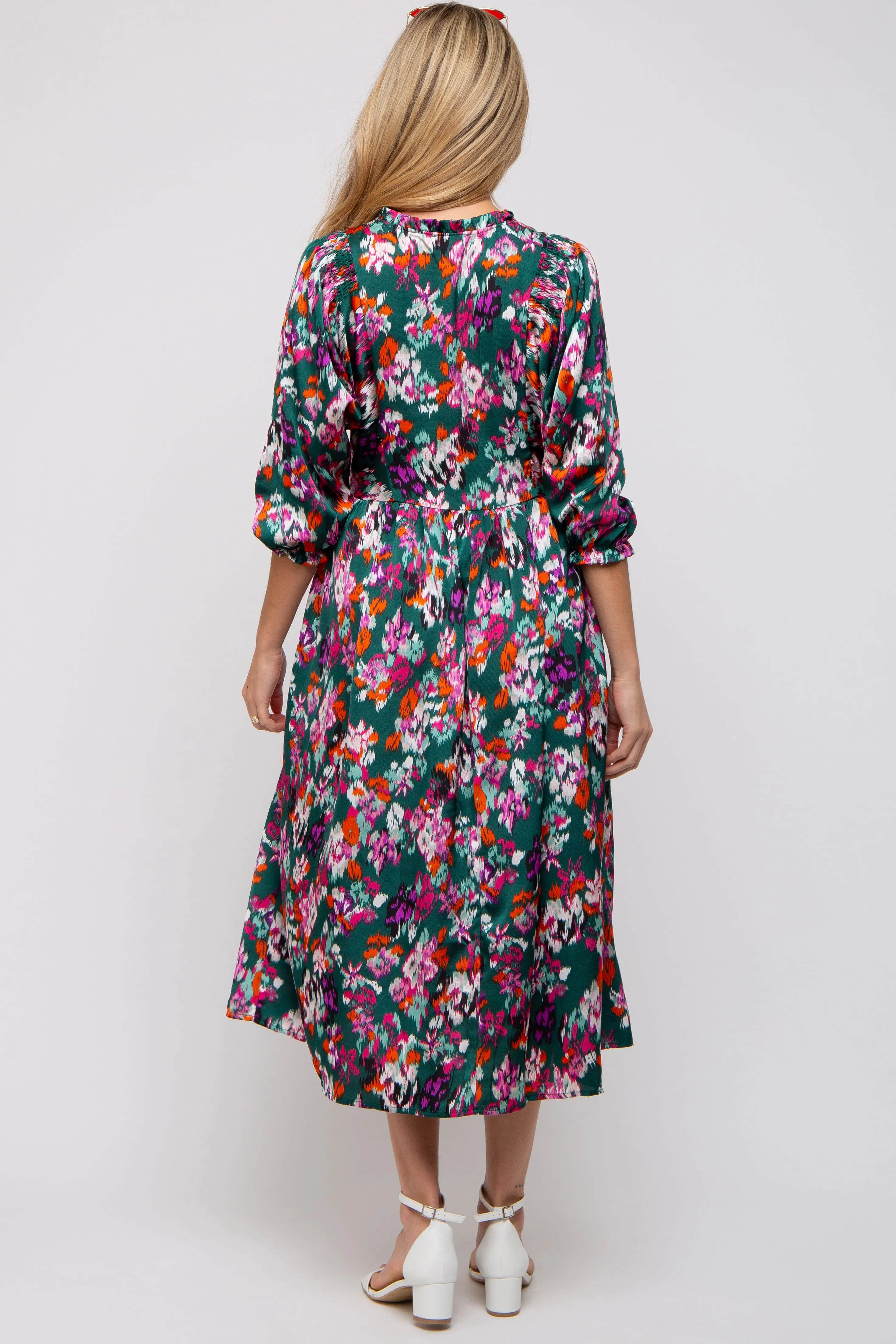 Forest Green Floral Satin Ruffle Neck Maternity Midi Dress sold by Pinkblush product image thumbnail 3