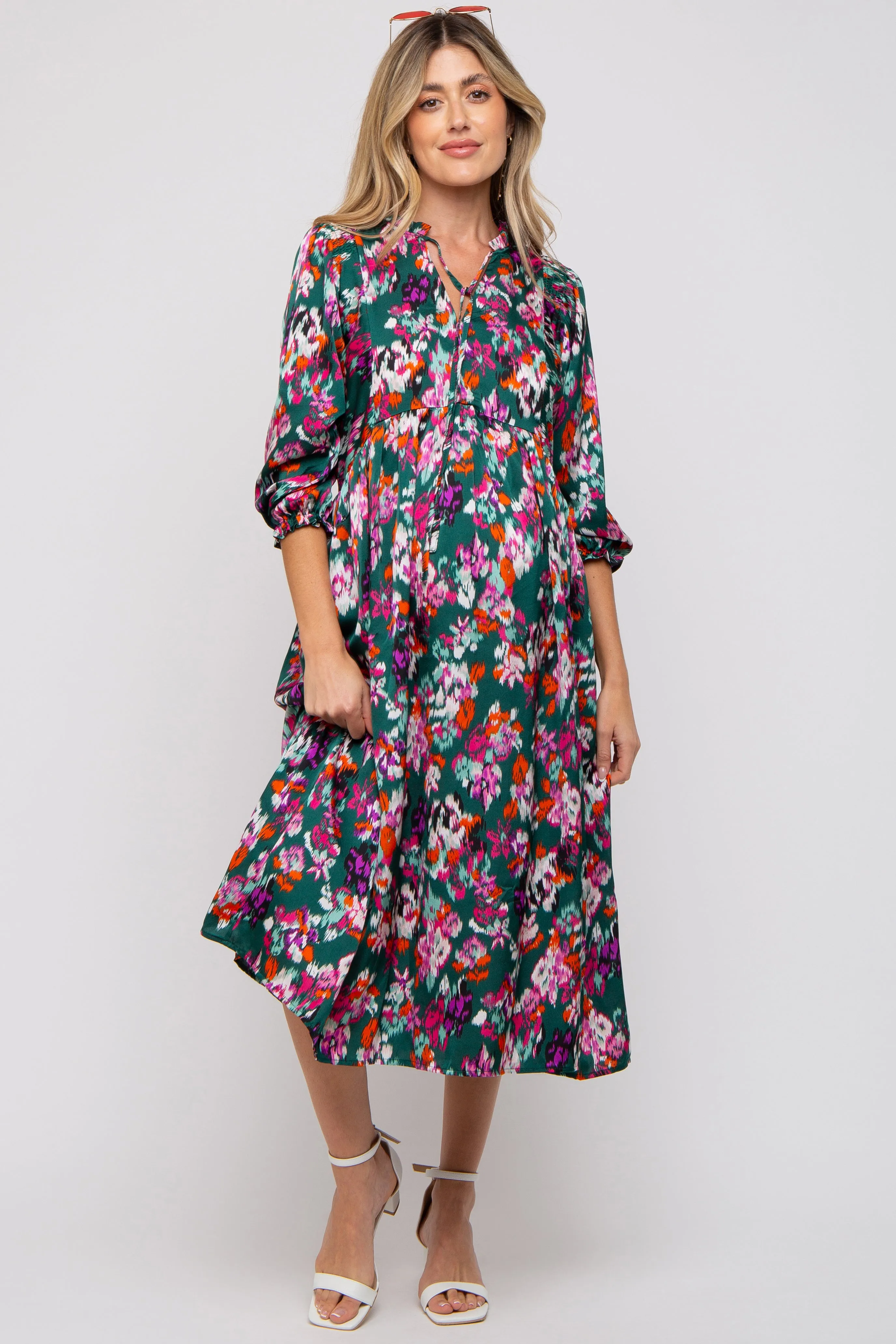Forest Green Floral Satin Ruffle Neck Maternity Midi Dress sold by Pinkblush