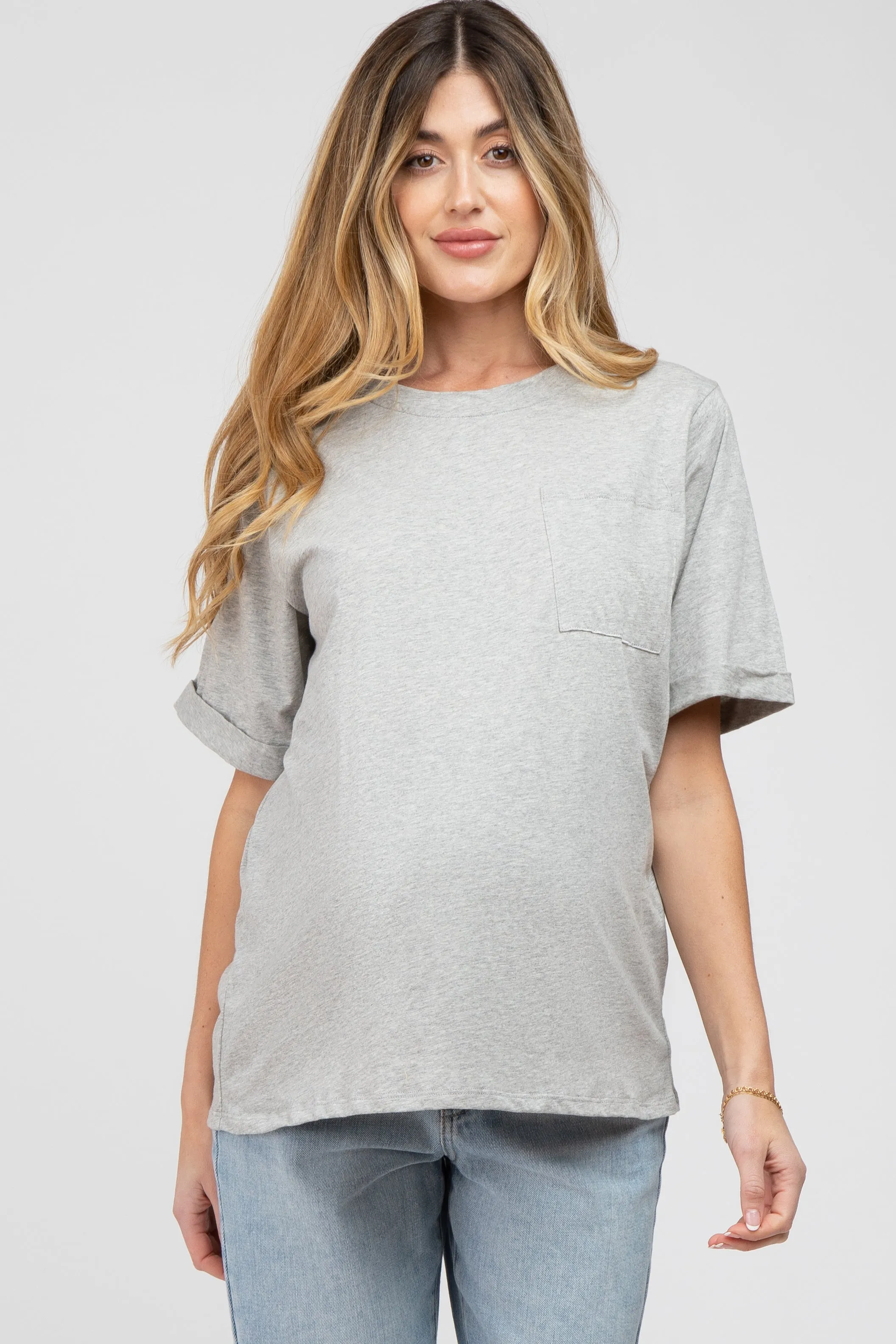 Heather Grey Oversized Pocket Front Short Sleeve Maternity Top sold by Pinkblush