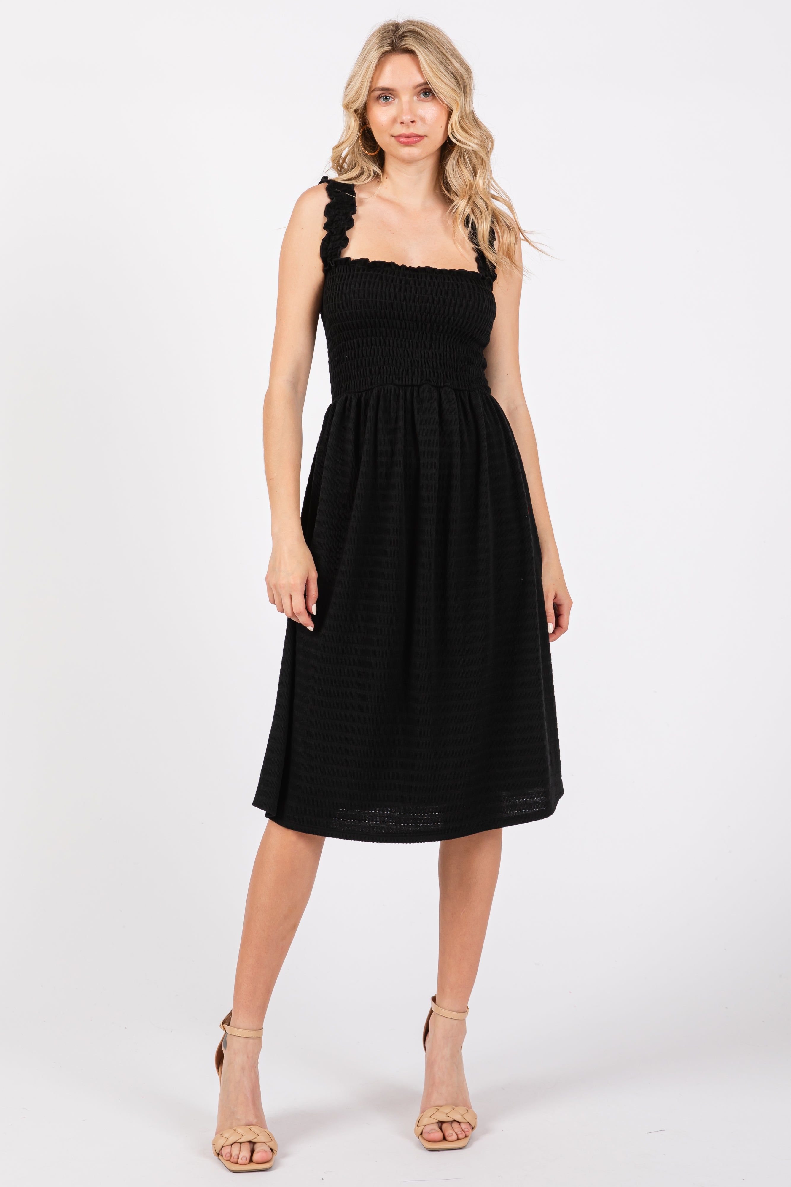 Black Sleeveless Smocked Textured Midi Dress sold by Pinkblush