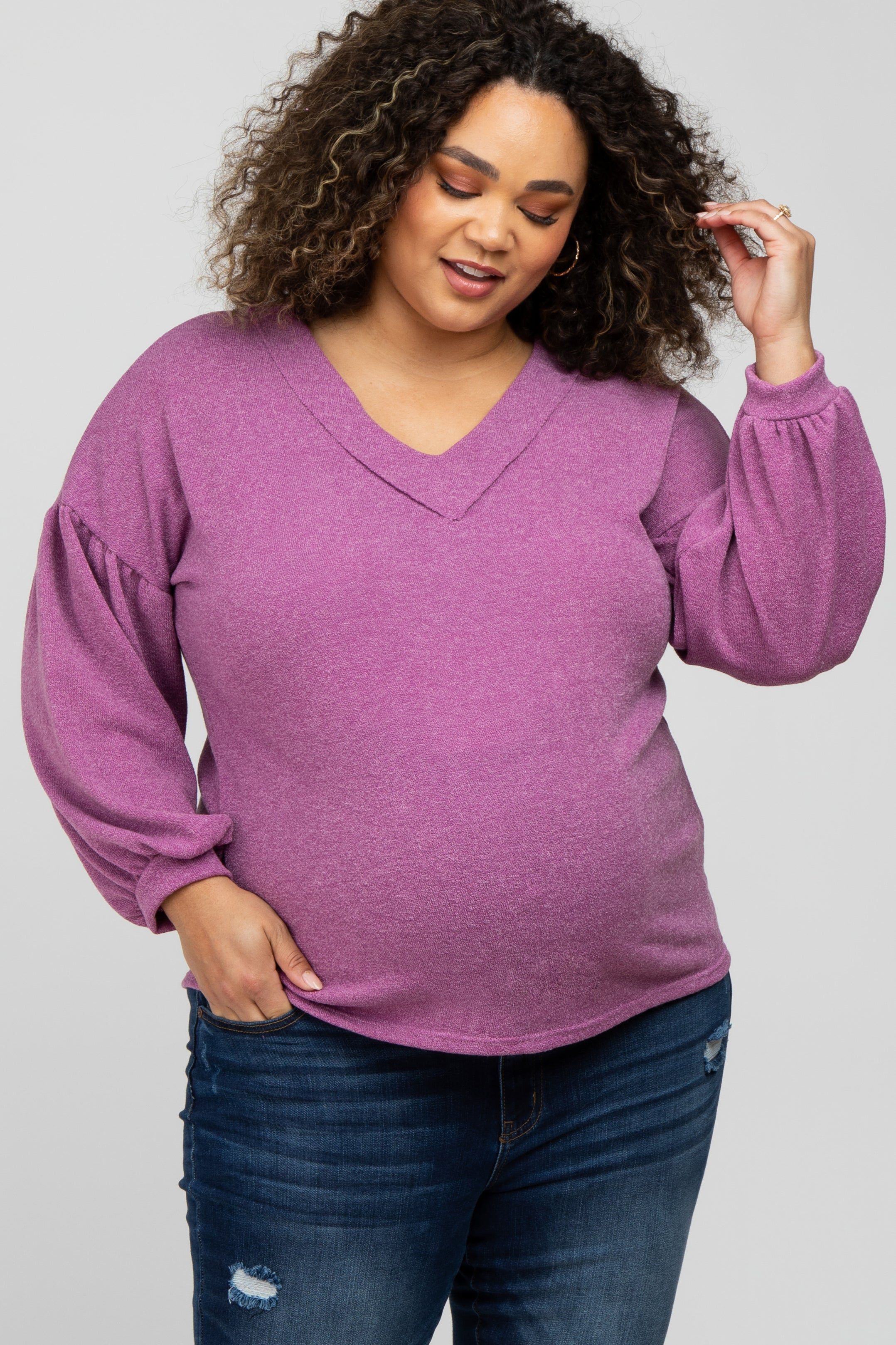 Magenta Long Puff Sleeve Maternity Plus Top sold by Pinkblush