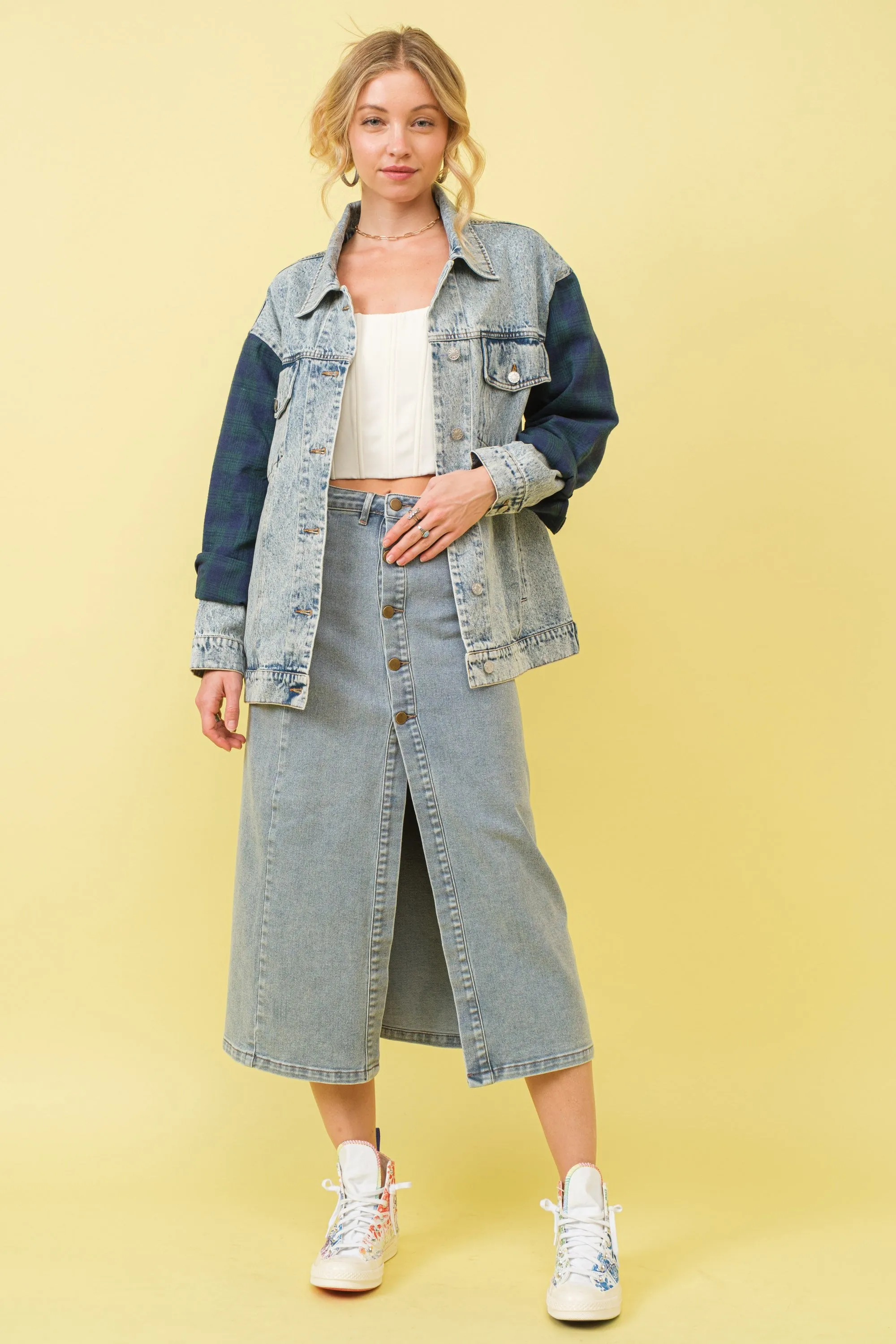 Medium Wash Mid Rise Stretch Midi Denim Skirt sold by Pinkblush