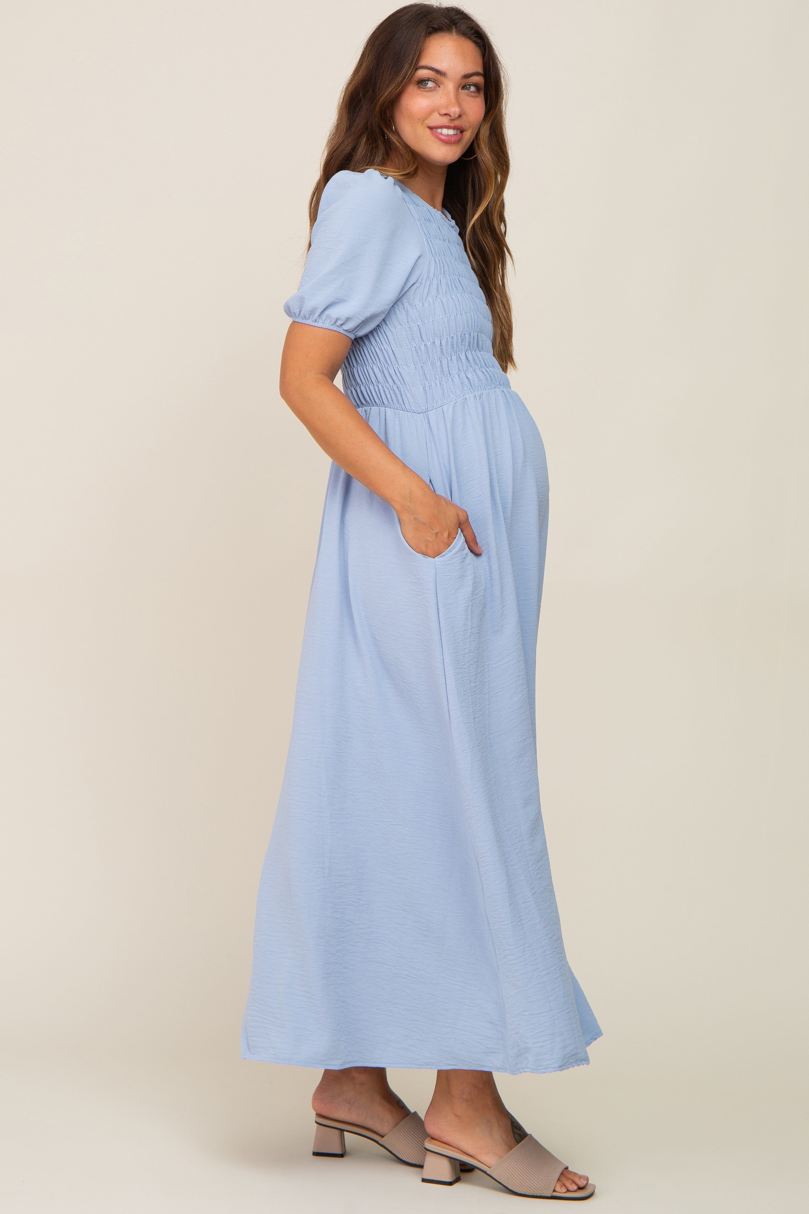 Blue Smocked Maternity Maxi Dress sold by Pinkblush product image thumbnail 2