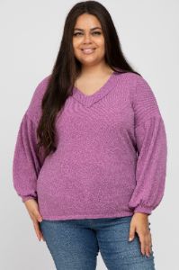 Magenta Long Puff Sleeve Maternity Plus Top sold by Pinkblush