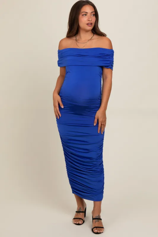 Royal Blue Off Shoulder Ruched Maternity Midi Dress sold by Pinkblush