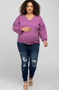Magenta Long Puff Sleeve Maternity Plus Top sold by Pinkblush