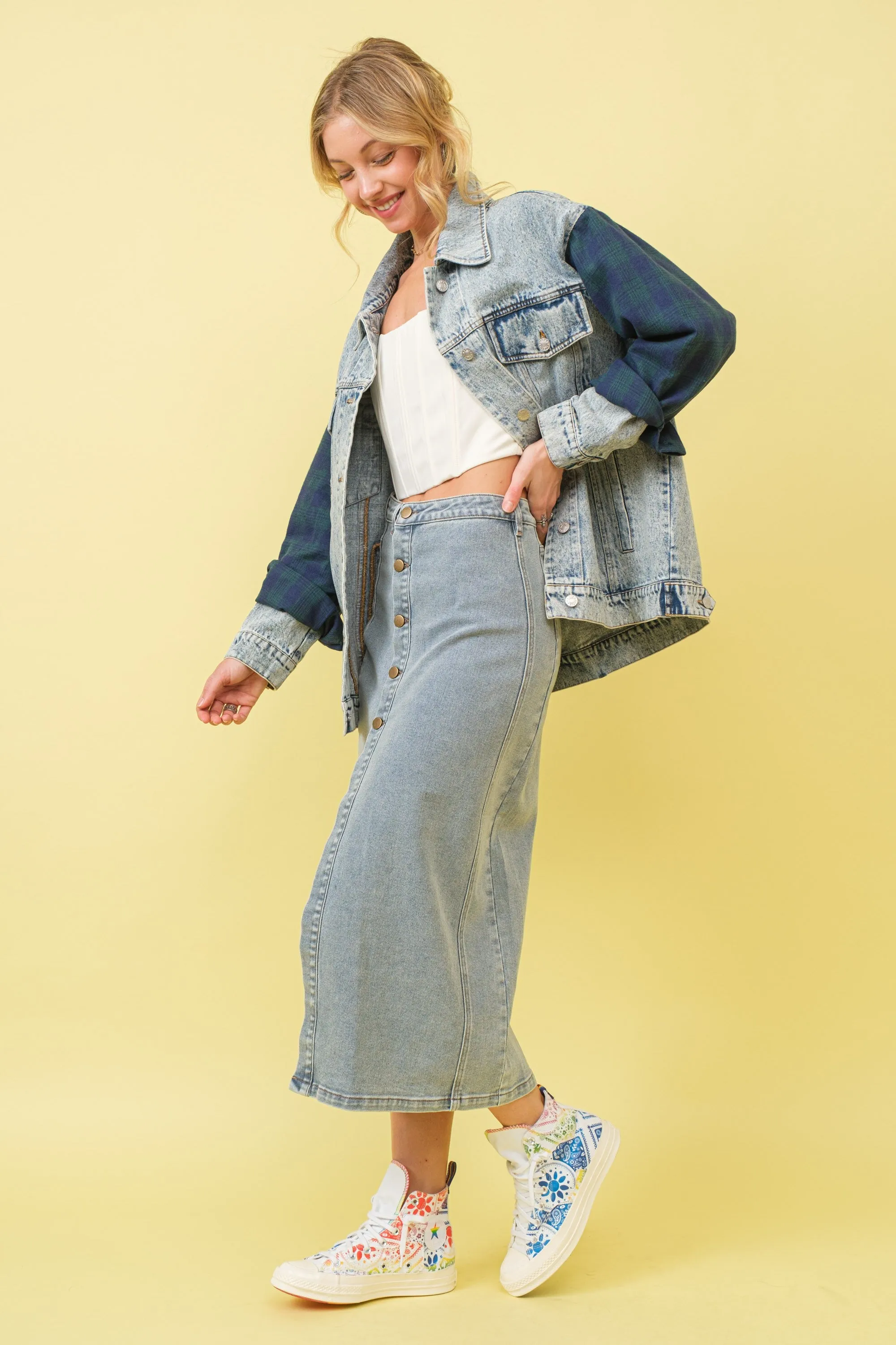 Medium Wash Mid Rise Stretch Midi Denim Skirt sold by Pinkblush product image thumbnail 2