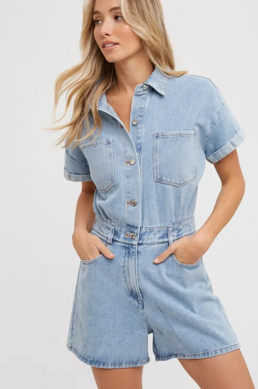 Light Denim Denim Button Down Shirt Romper sold by Pinkblush