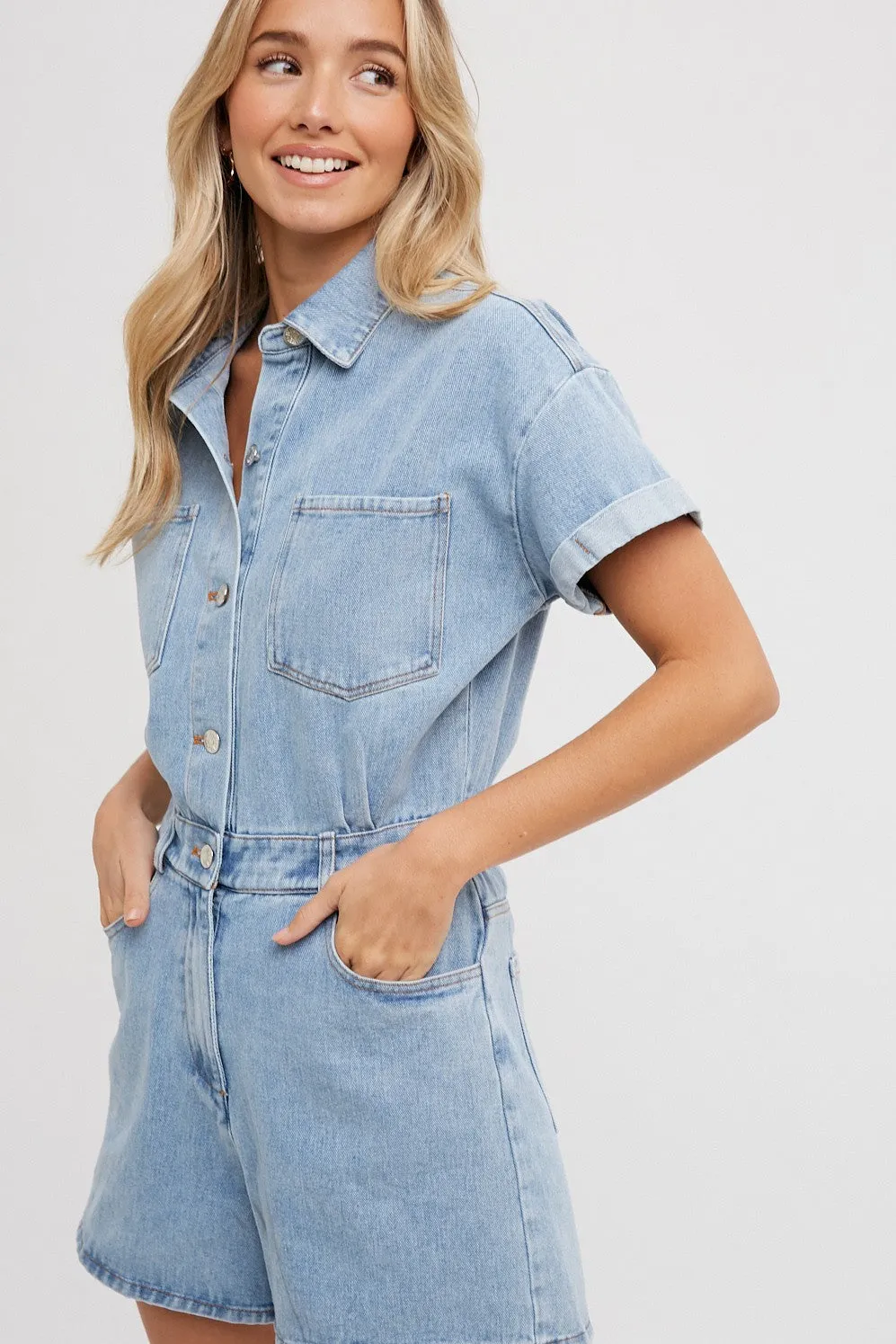 Light Denim Denim Button Down Shirt Romper sold by Pinkblush product image thumbnail 2