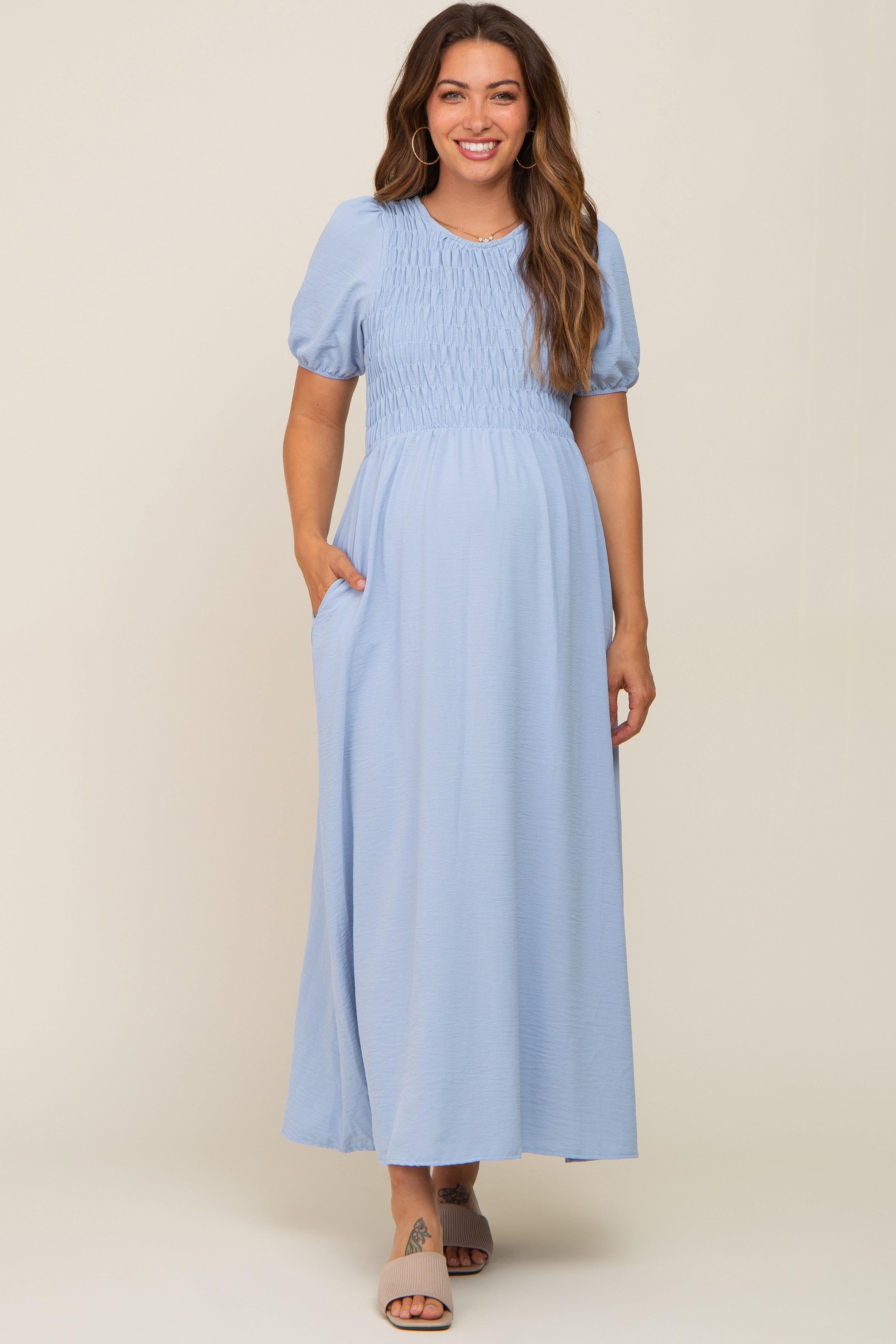 Blue Smocked Maternity Maxi Dress sold by Pinkblush product image thumbnail 4