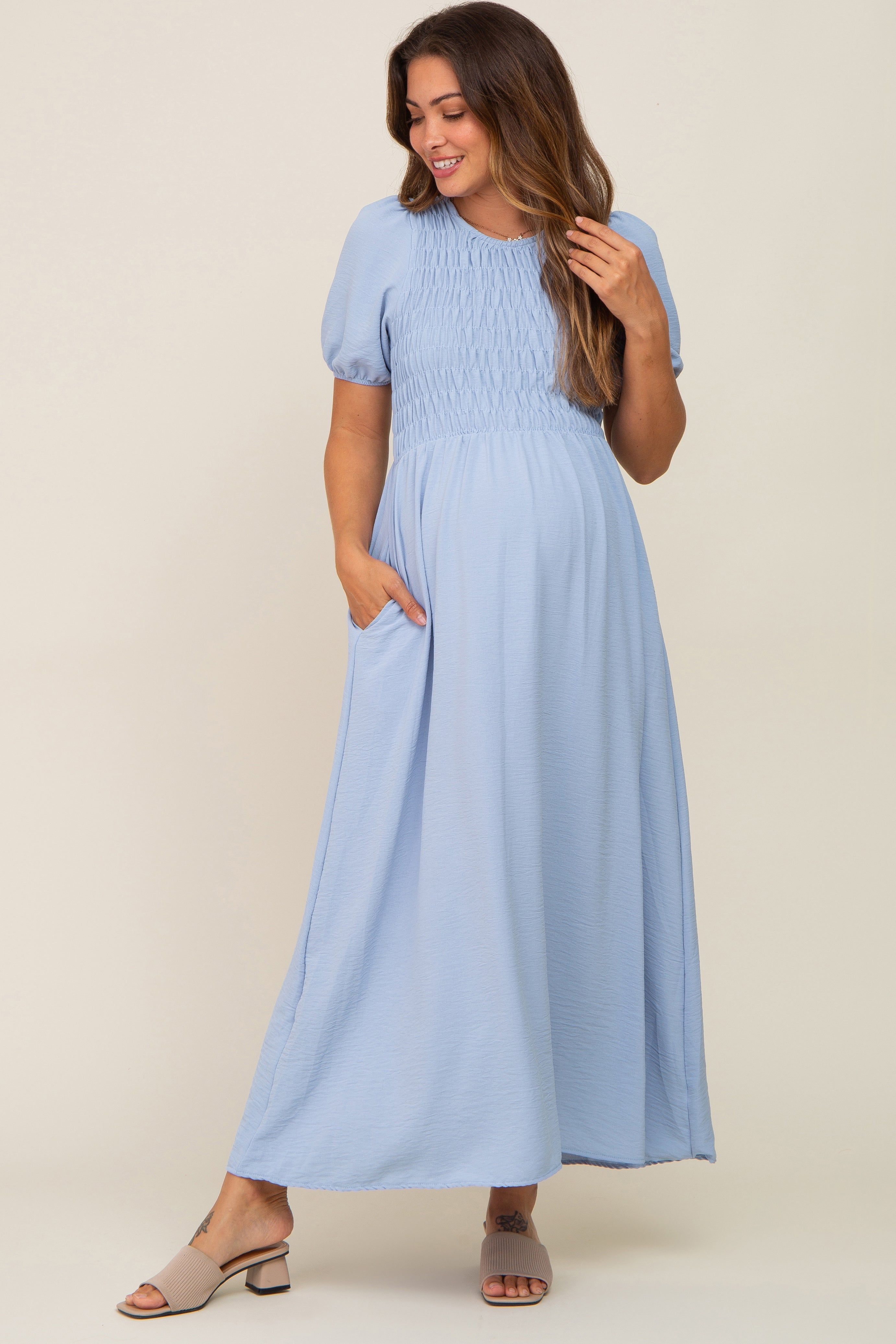 Blue Smocked Maternity Maxi Dress sold by Pinkblush