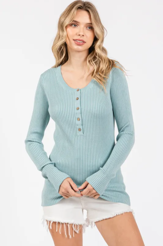 Light Blue Ribbed Henley Top sold by Pinkblush