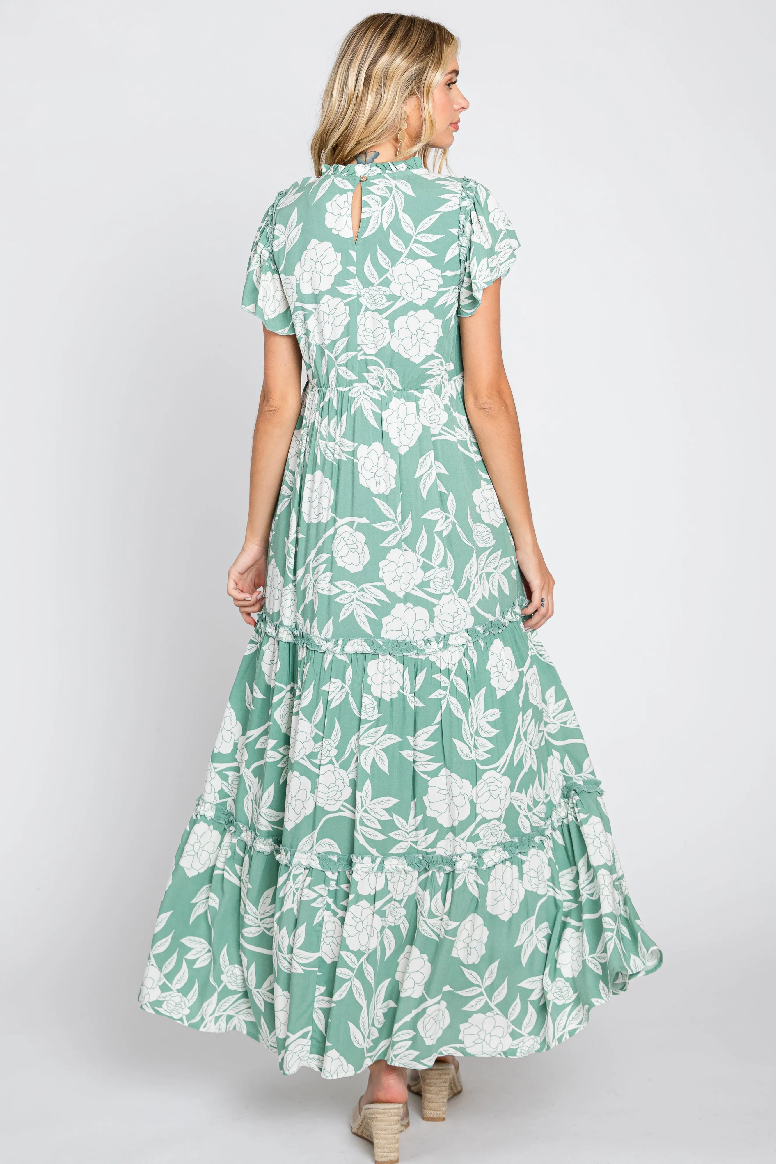 Light Olive Floral Tiered Ruffle Accent Maxi Dress sold by Pinkblush product image thumbnail 3