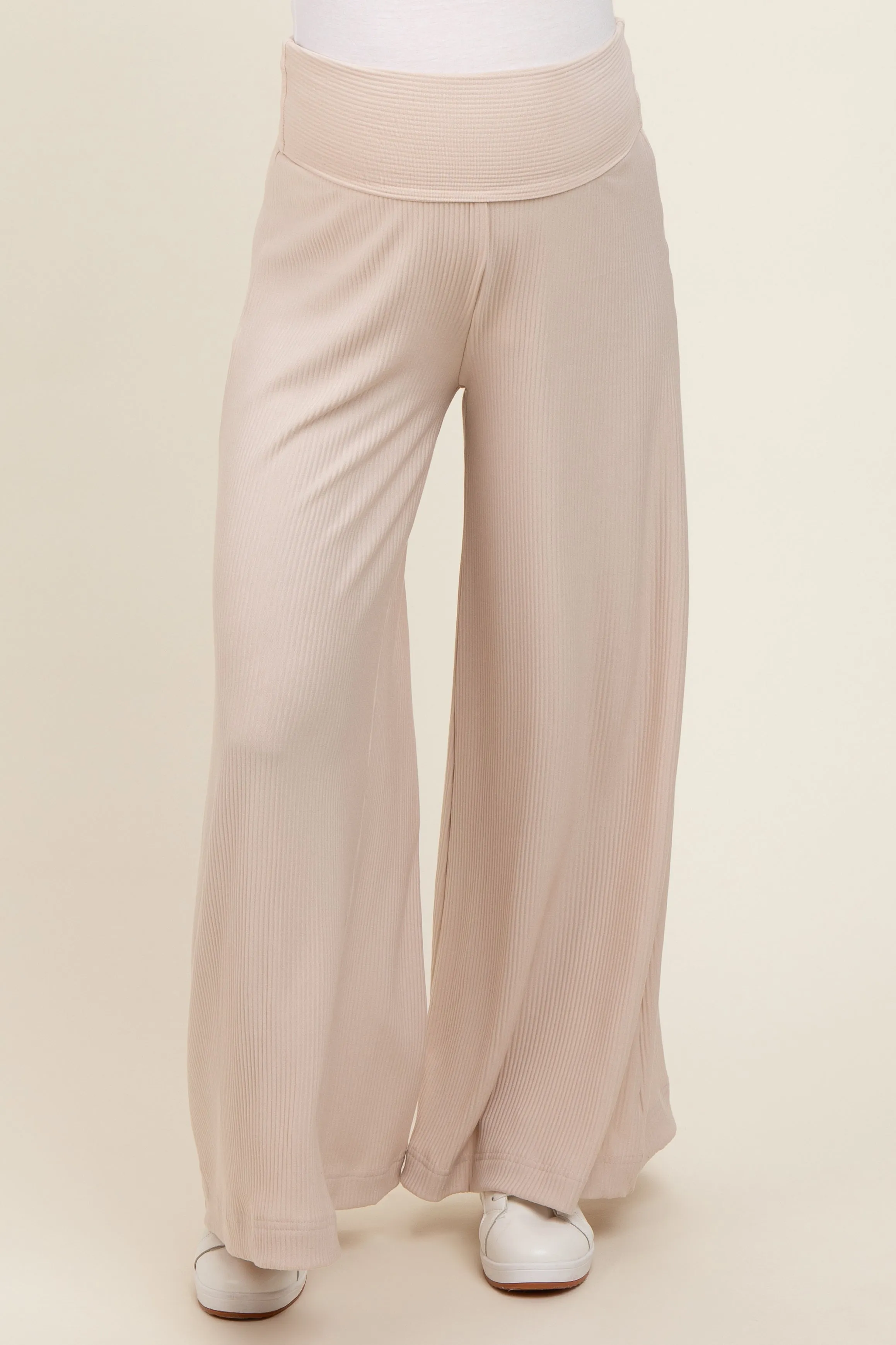 Beige Ribbed Foldover Waist Maternity Wide Leg Pants sold by Pinkblush product image thumbnail 2