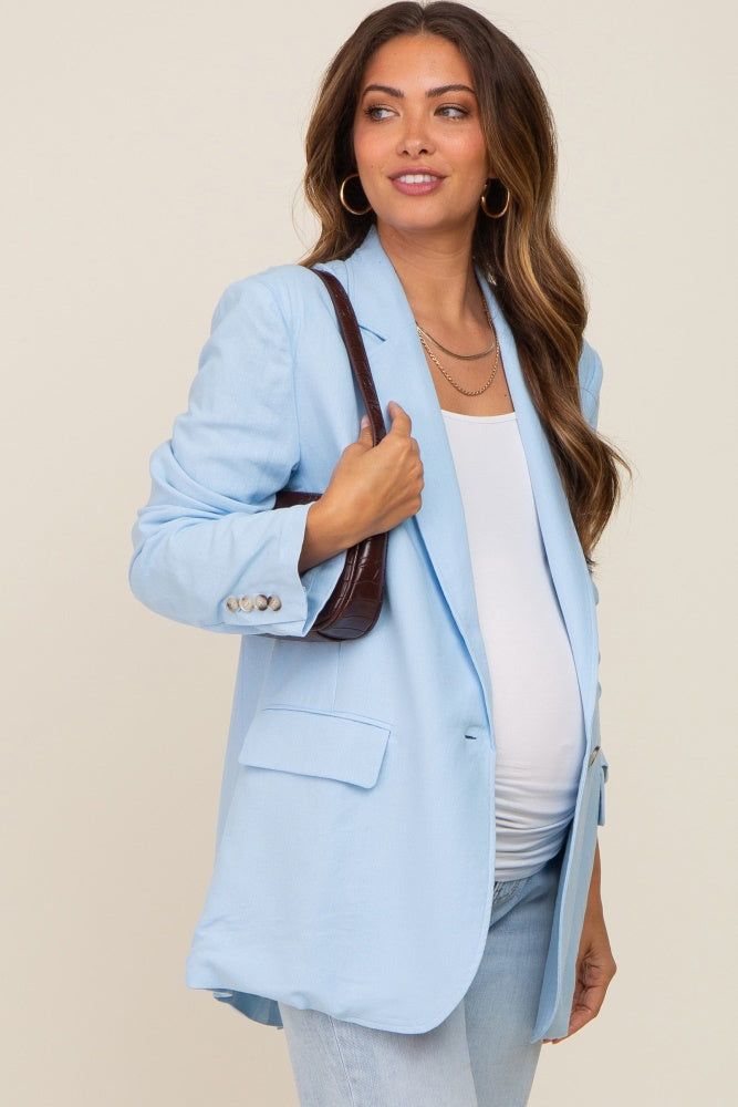 Light Blue Linen Front Pocket Maternity Blazer sold by Pinkblush product image thumbnail 2