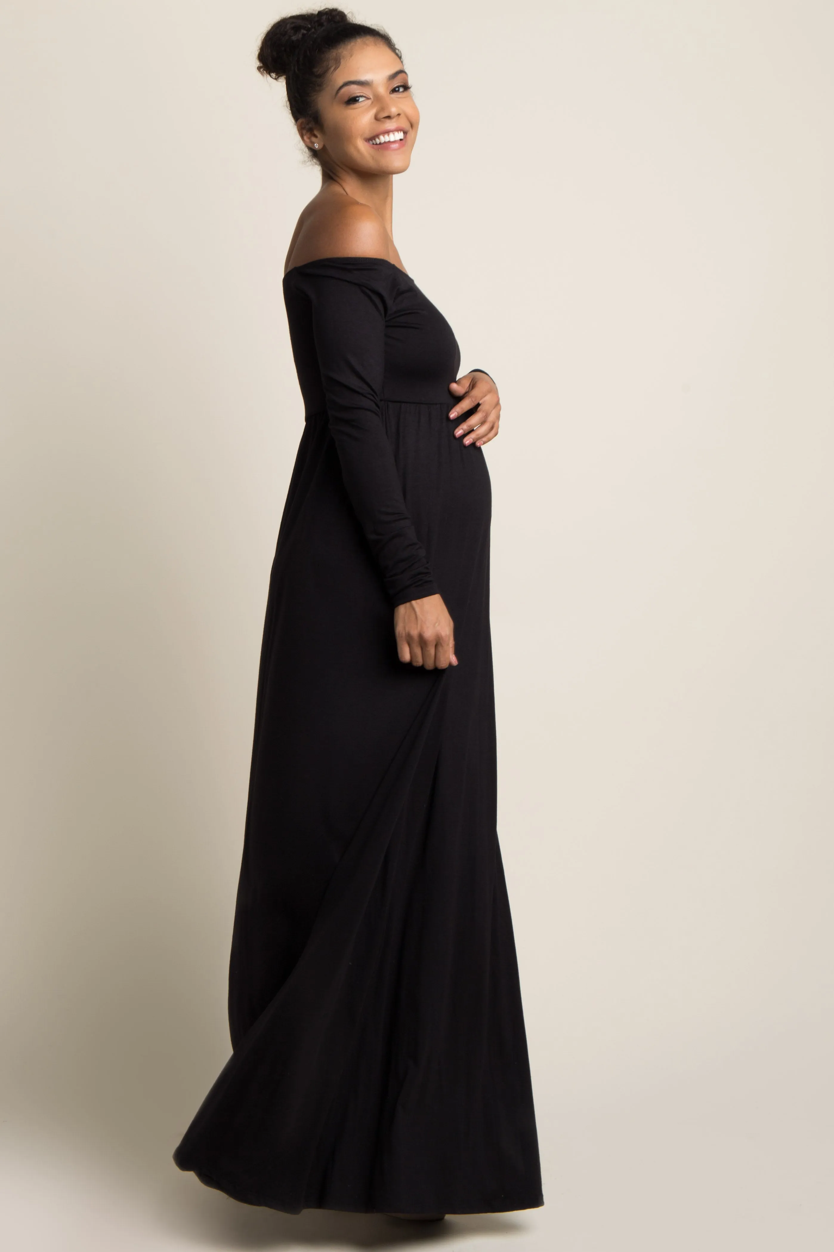 PinkBlush Petite Black Solid Off Shoulder Maternity Maxi Dress sold by Pinkblush product image thumbnail 2
