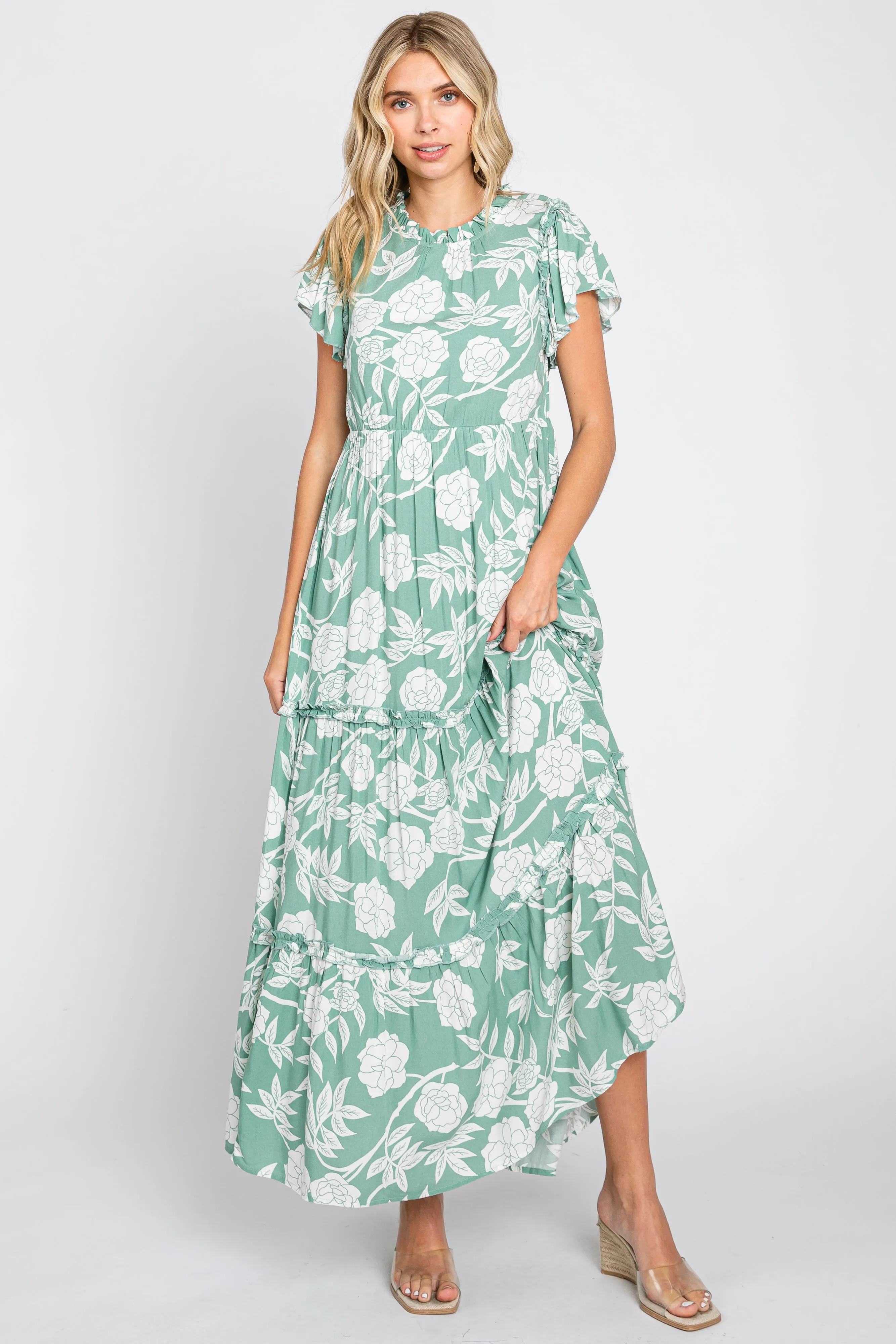 Light Olive Floral Tiered Ruffle Accent Maxi Dress sold by Pinkblush product image thumbnail 4