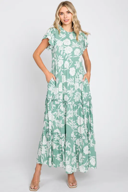 Light Olive Floral Tiered Ruffle Accent Maxi Dress sold by Pinkblush