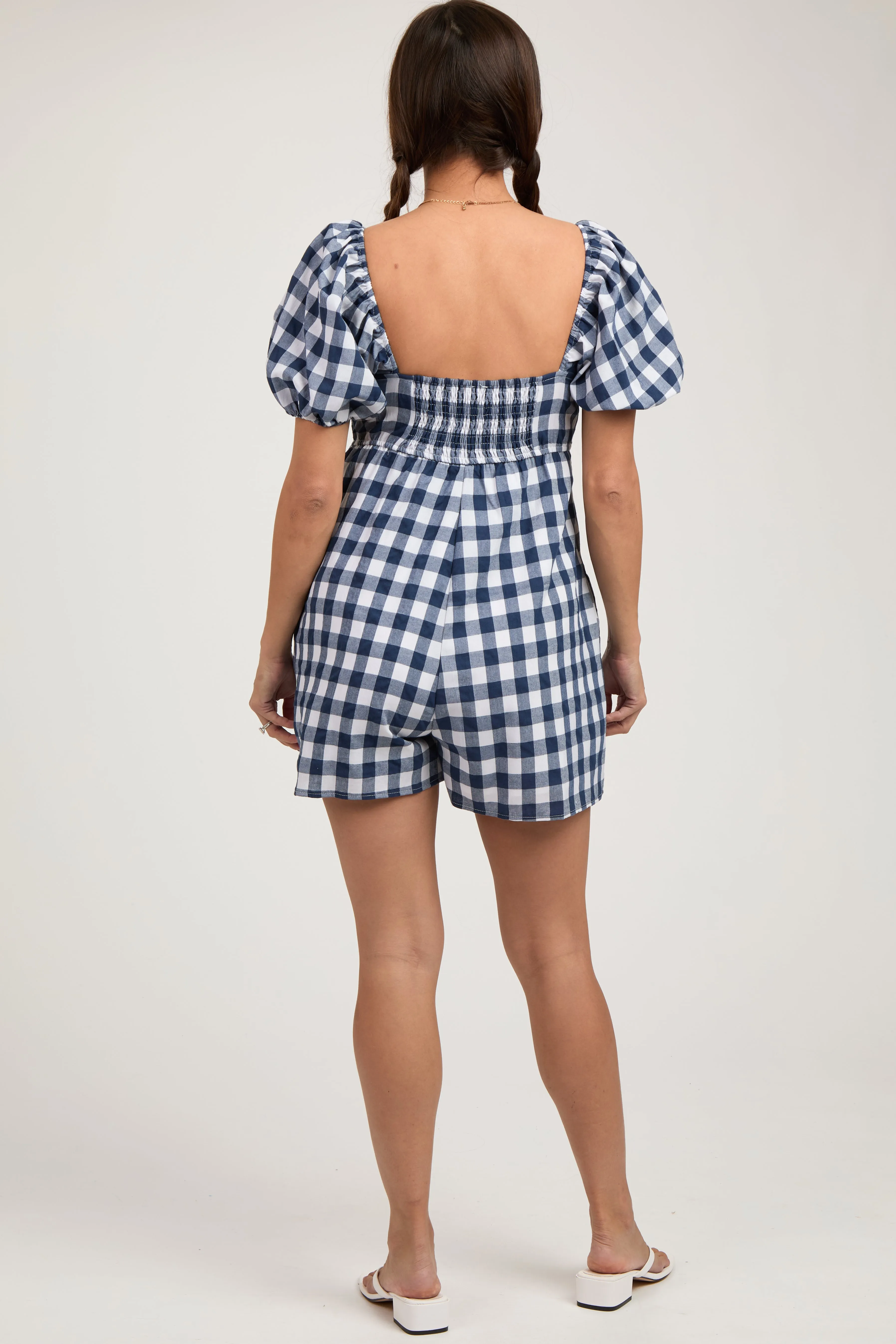 Navy Blue Gingham Cutout Maternity Romper sold by Pinkblush product image thumbnail 4
