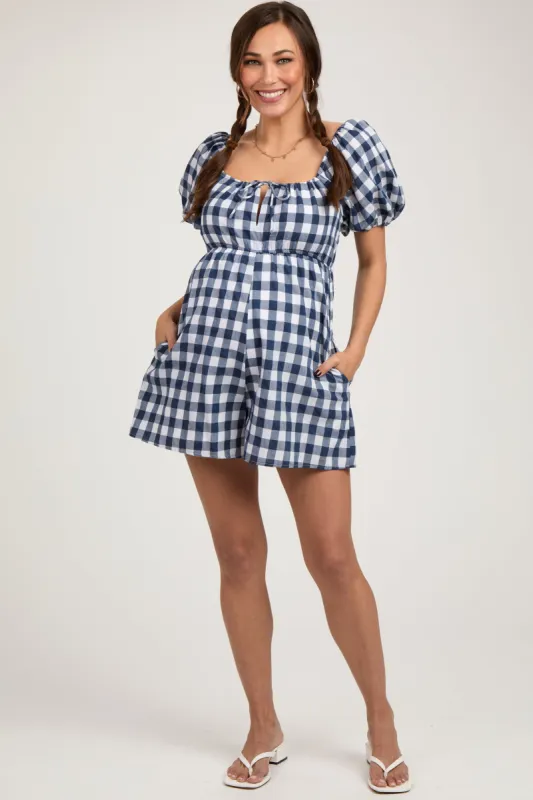 Navy Blue Gingham Cutout Maternity Romper sold by Pinkblush
