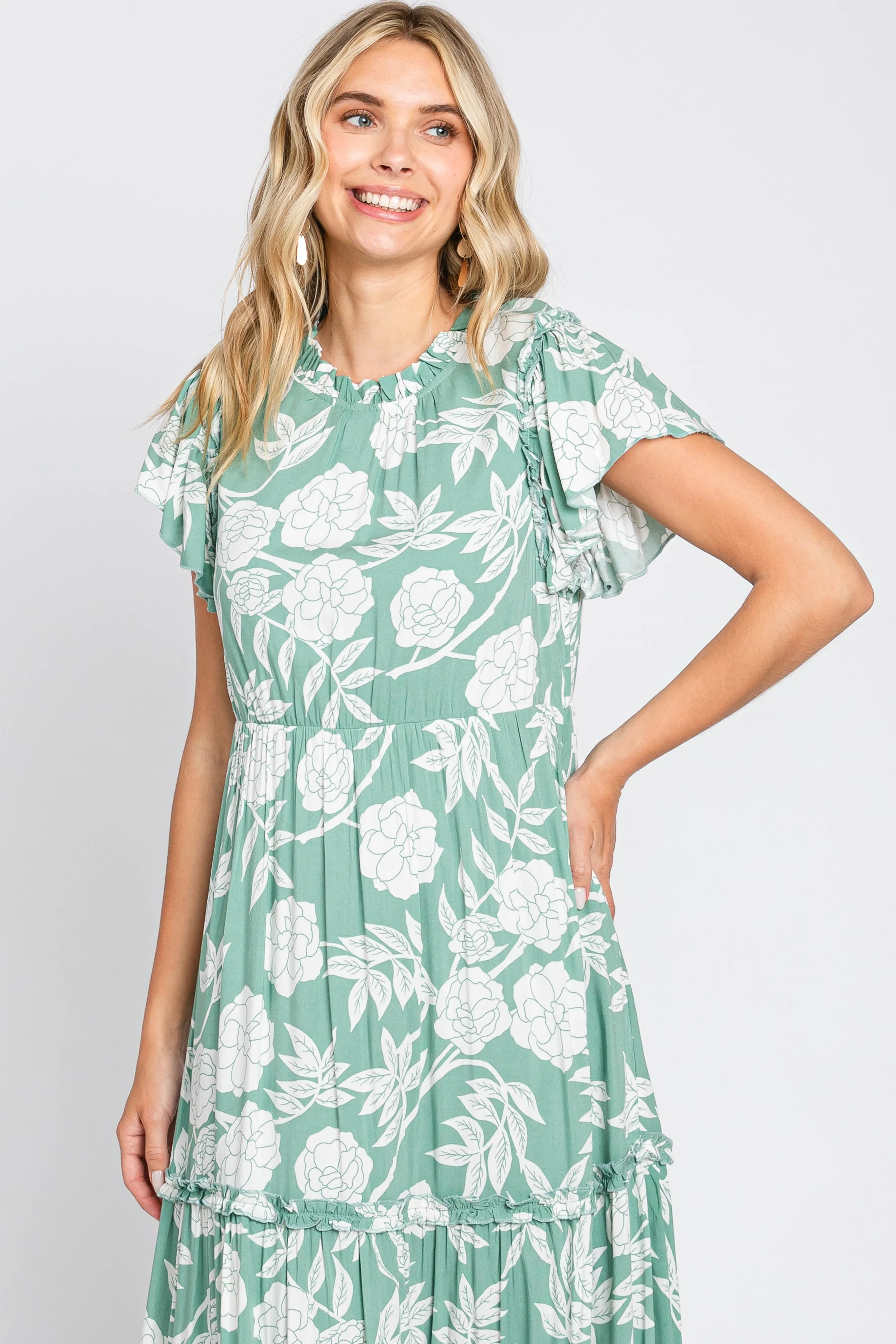 Light Olive Floral Tiered Ruffle Accent Maxi Dress sold by Pinkblush product image thumbnail 5